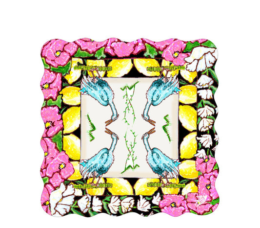 A beautiful Mahjong Mat with original art of a Heron, anemone flowers, Lilly of the valley flowers and lemons.