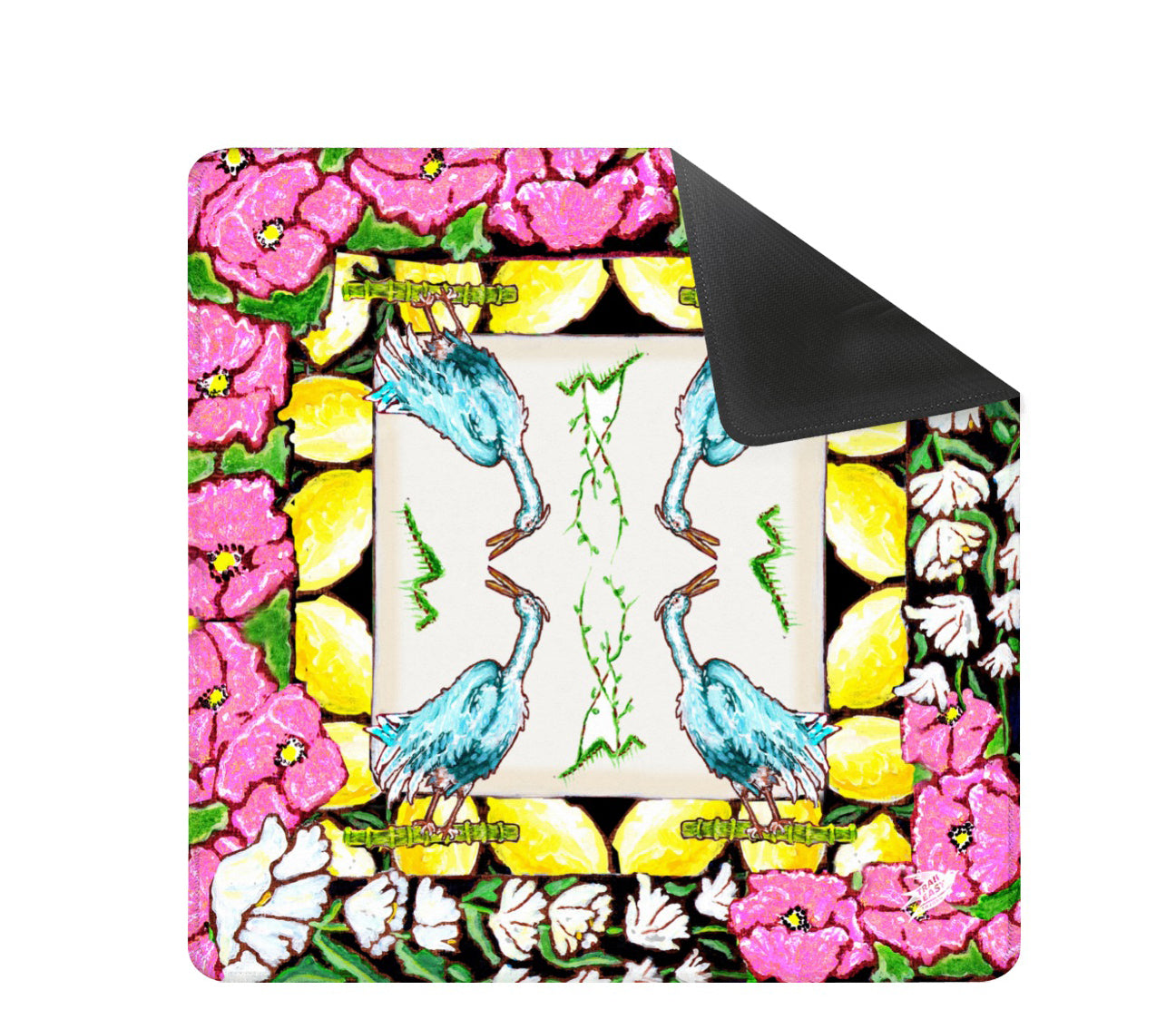 A beautiful Mahjong Mat with original art of a Heron, anemone flowers, Lilly of the valley flowers and lemons.