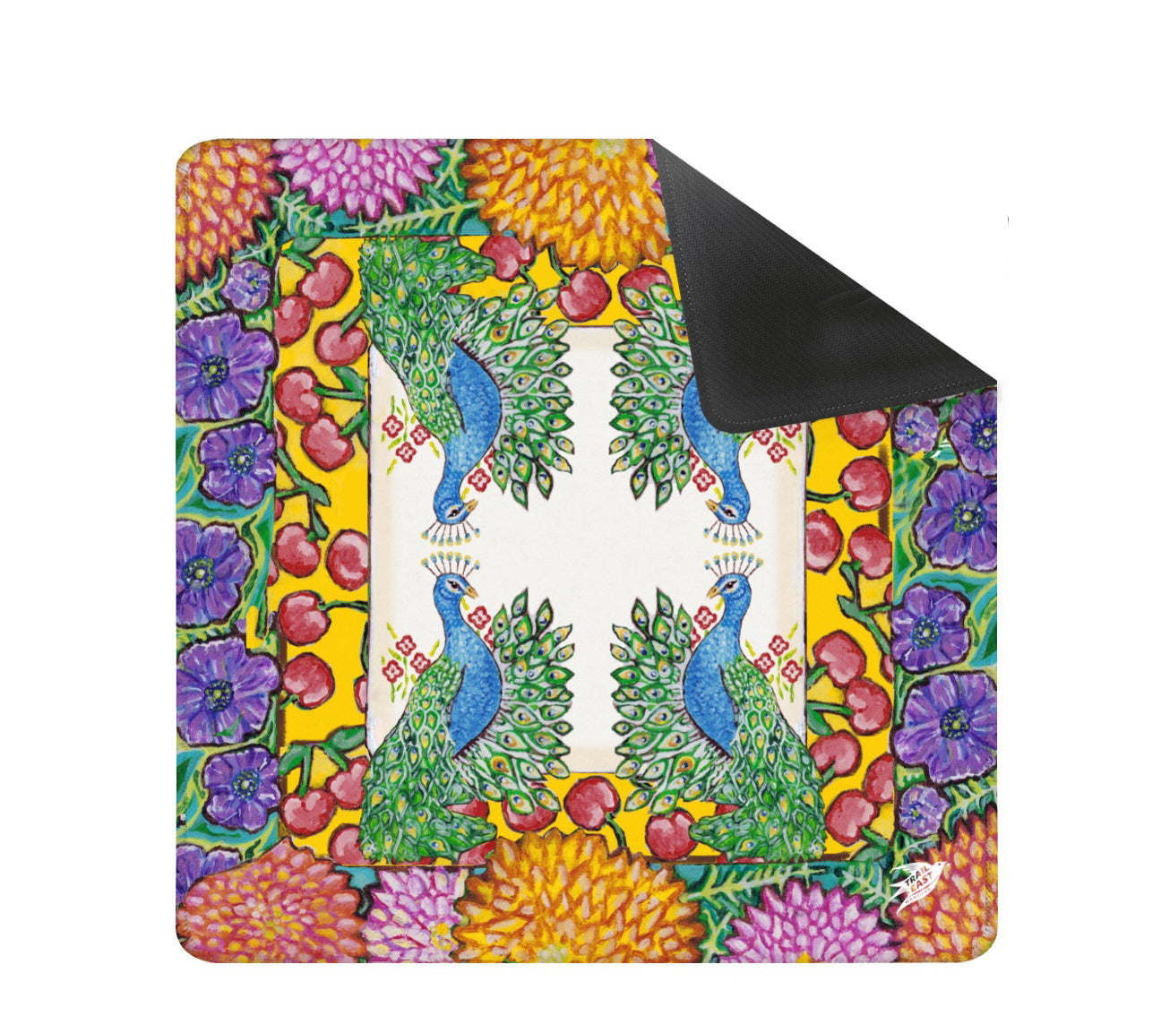 A colorful mahjong mat featuring an original painting of peacocks, cherries, dahlias and anemones flowers.