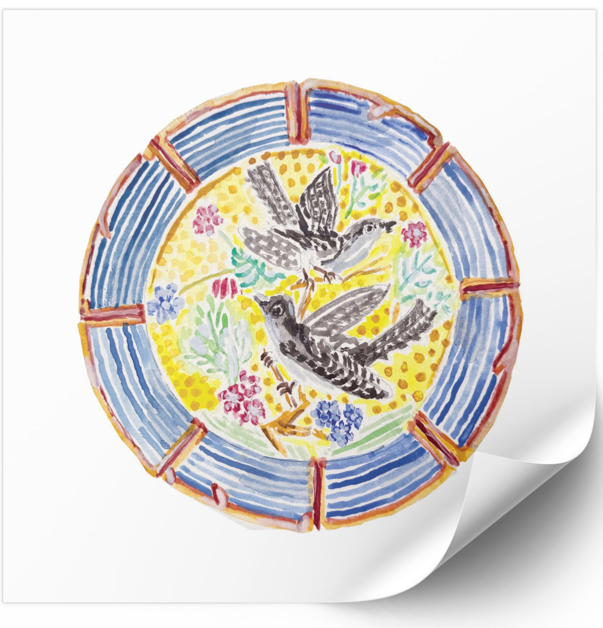 The Pretty Plate Series of paintings by Deb Baker at Trail  East Studio In Ada Michigan featuring antique bird plates with a bluebird, wren, blackbirds, and a hummingbird. The perfect art for a Mahjong Game  Room.