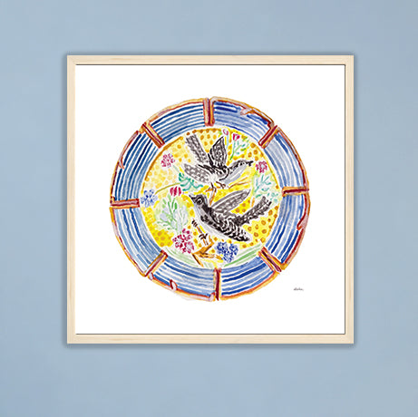 The Pretty Plate Series of paintings by Deb Baker at Trail  East Studio In Ada Michigan featuring antique bird plates with a bluebird, wren, blackbirds, and a hummingbird. The perfect art for a Mahjong Game  Room.
