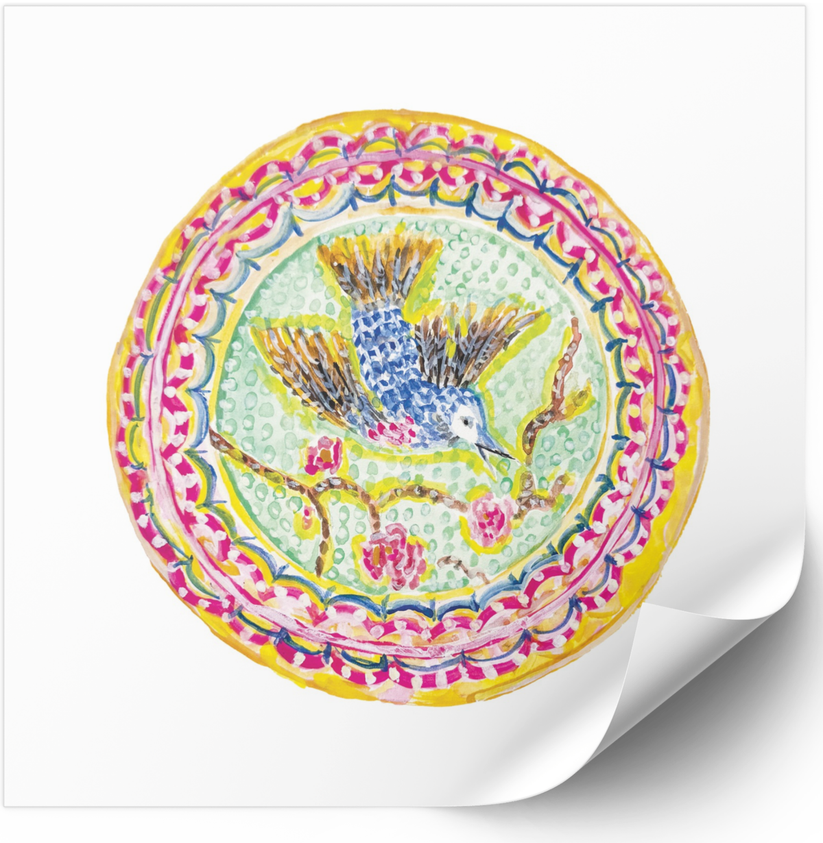 The Pretty Plate Series of paintings by Deb Baker at Trail  East Studio In Ada Michigan featuring antique bird plates with a bluebird, wren, blackbirds, and a hummingbird. The perfect art for a Mahjong Game  Room.