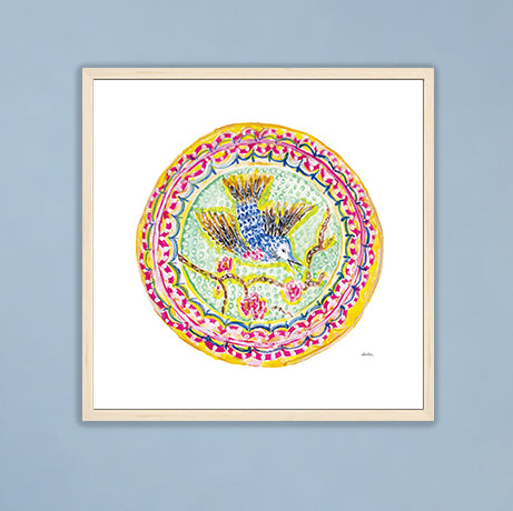 The Pretty Plate Series of paintings by Deb Baker at Trail  East Studio In Ada Michigan featuring antique bird plates with a bluebird, wren, blackbirds, and a hummingbird. The perfect art for a Mahjong Game  Room.