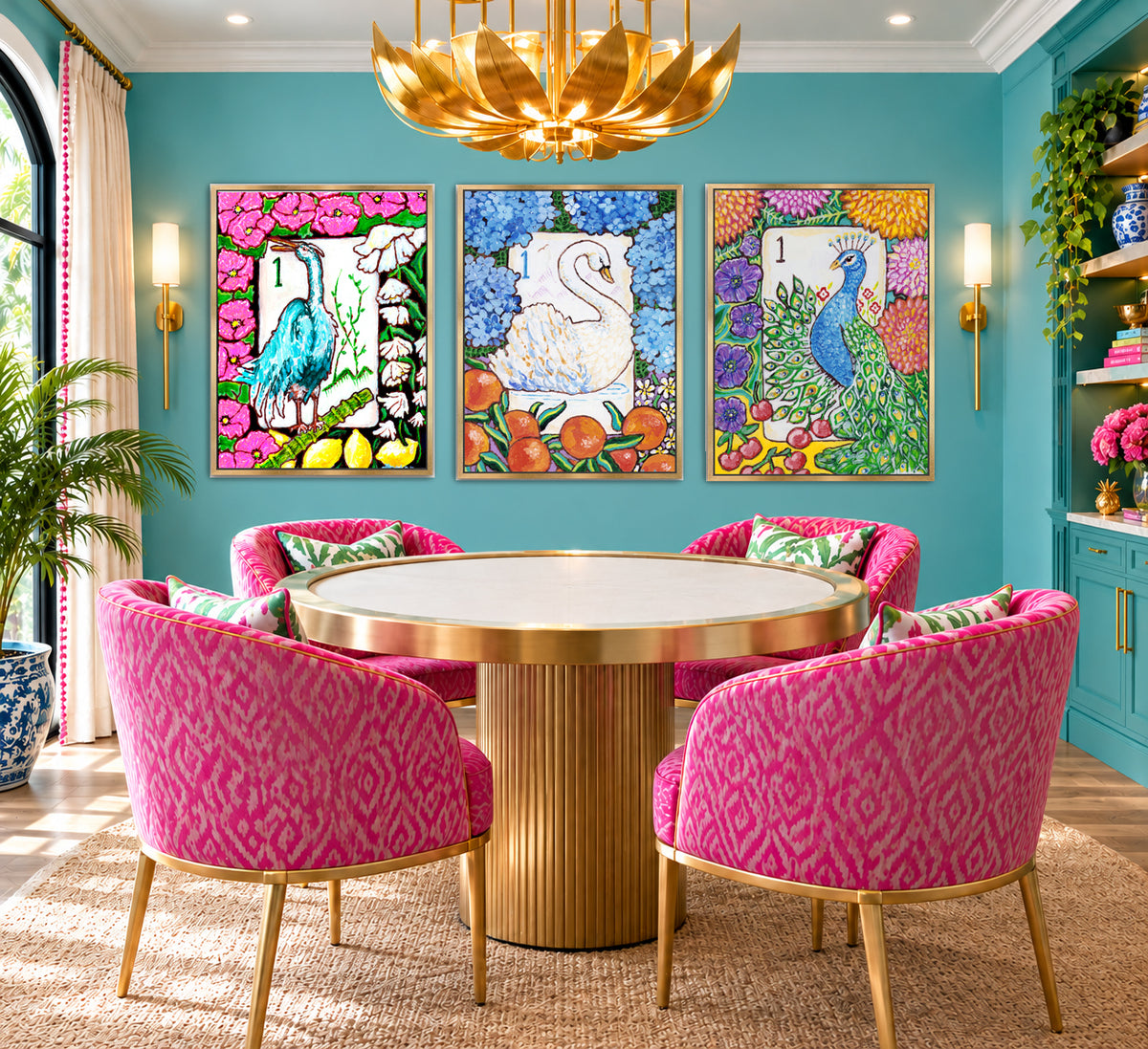 A set of three colorful paintings of vintage Bird Bam Mahjong Tiles featuring a heron, a swan and a peacock surrounded  by flowers by Deb Baker at Trail East Studio in Ada Michigan