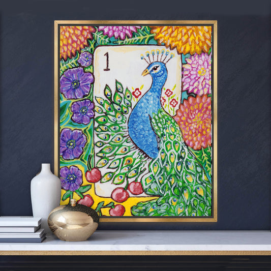 A colorful Bird Bam Mahjong Tile paintng featuring a peacock with anemone flowers, dahlia flowers and cherries. This art is perfect for a mahjong room.