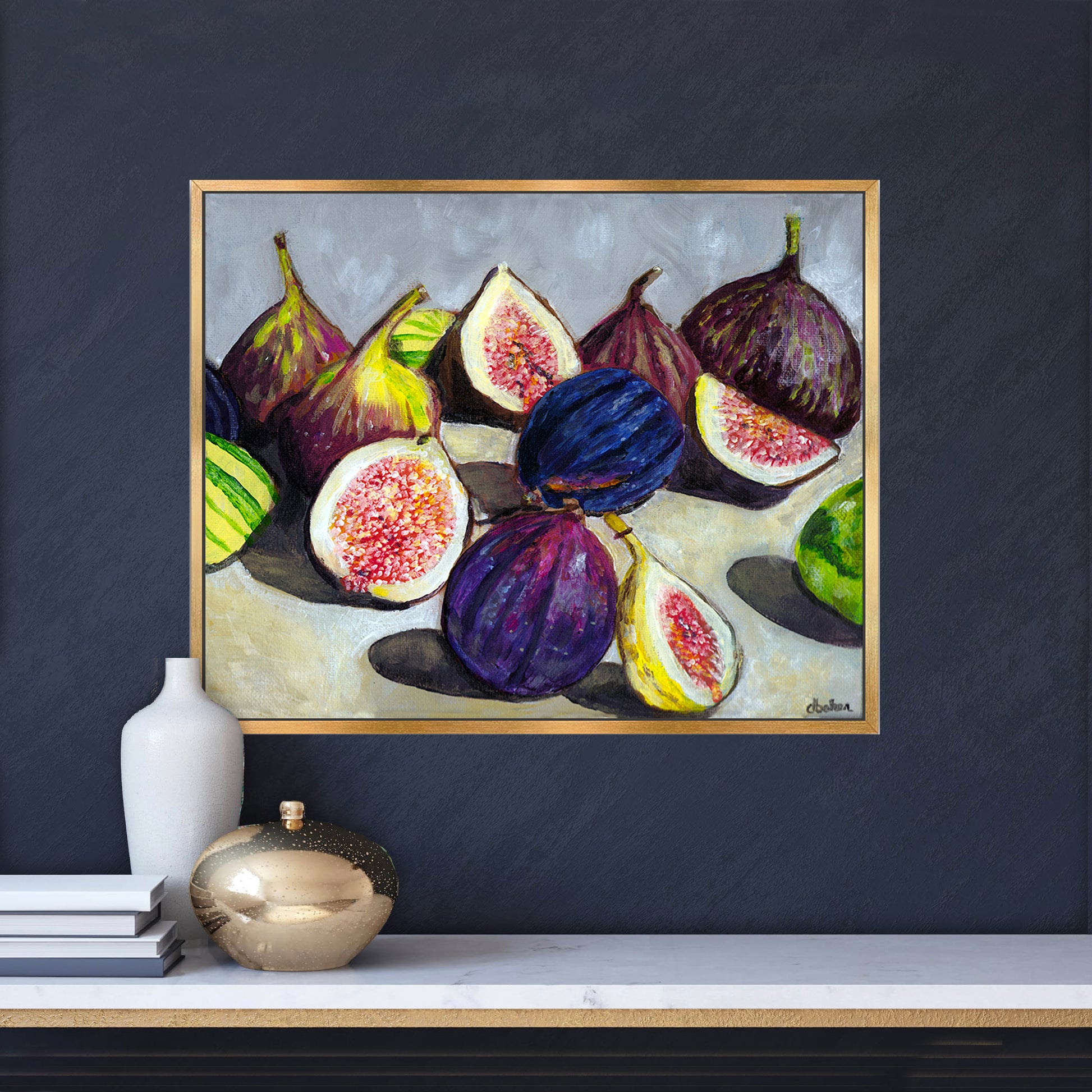 A still life painting of figs with rich fall hues such as plums, greens, and bright pinks.
