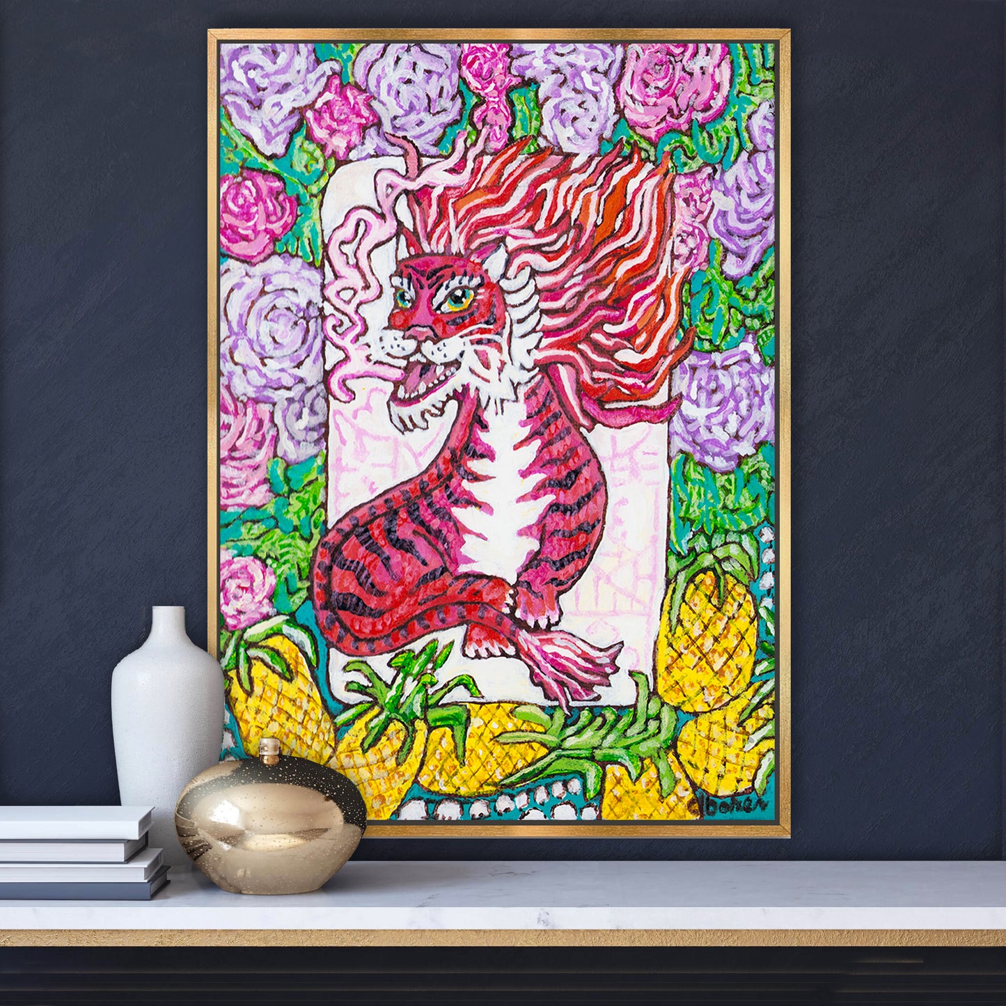 A painting of a red dragon mahjong tile surrounded by flowers and pineapples. 