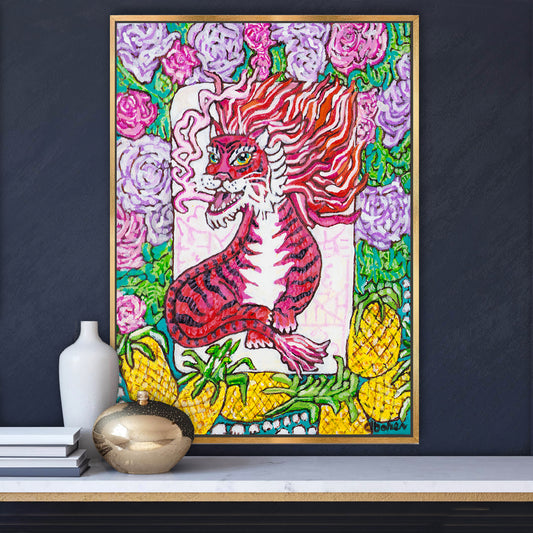 A painting of a red dragon mahjong tile surrounded by flowers and pineapples. 