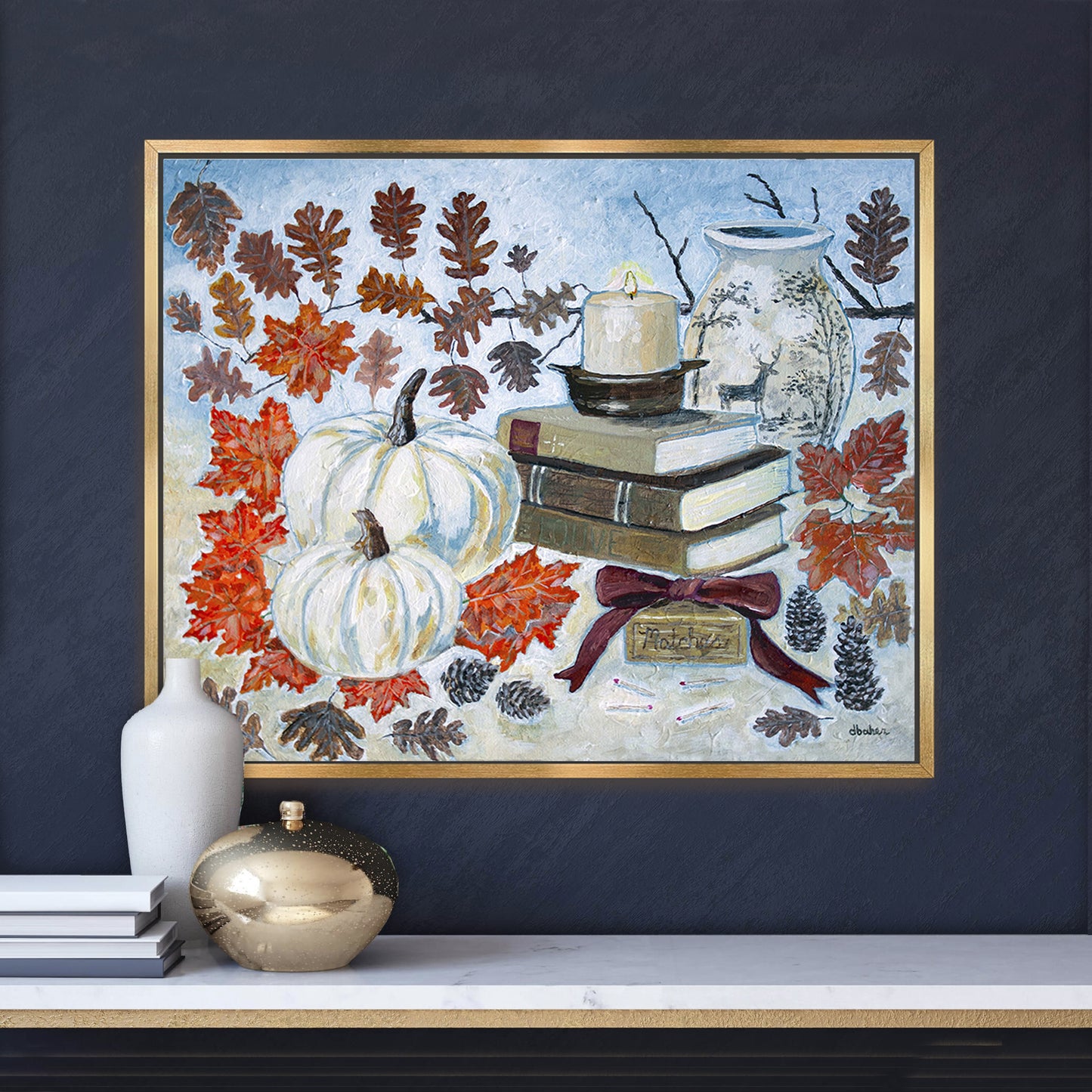 A painting of a cozy autumn still life featuring white pumpkins, vintage books, a red velvet bow and warm fall leaves. A perfect rustic accent for your home decor.