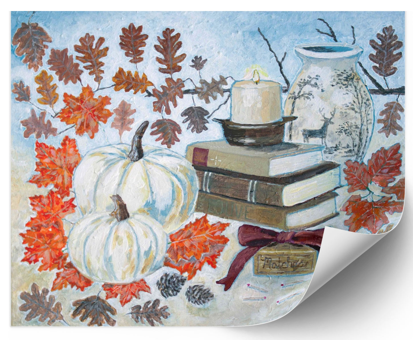 A painting of a cozy autumn still life featuring white pumpkins, vintage books, a red velvet bow and warm fall leaves. A perfect rustic accent for your home decor.