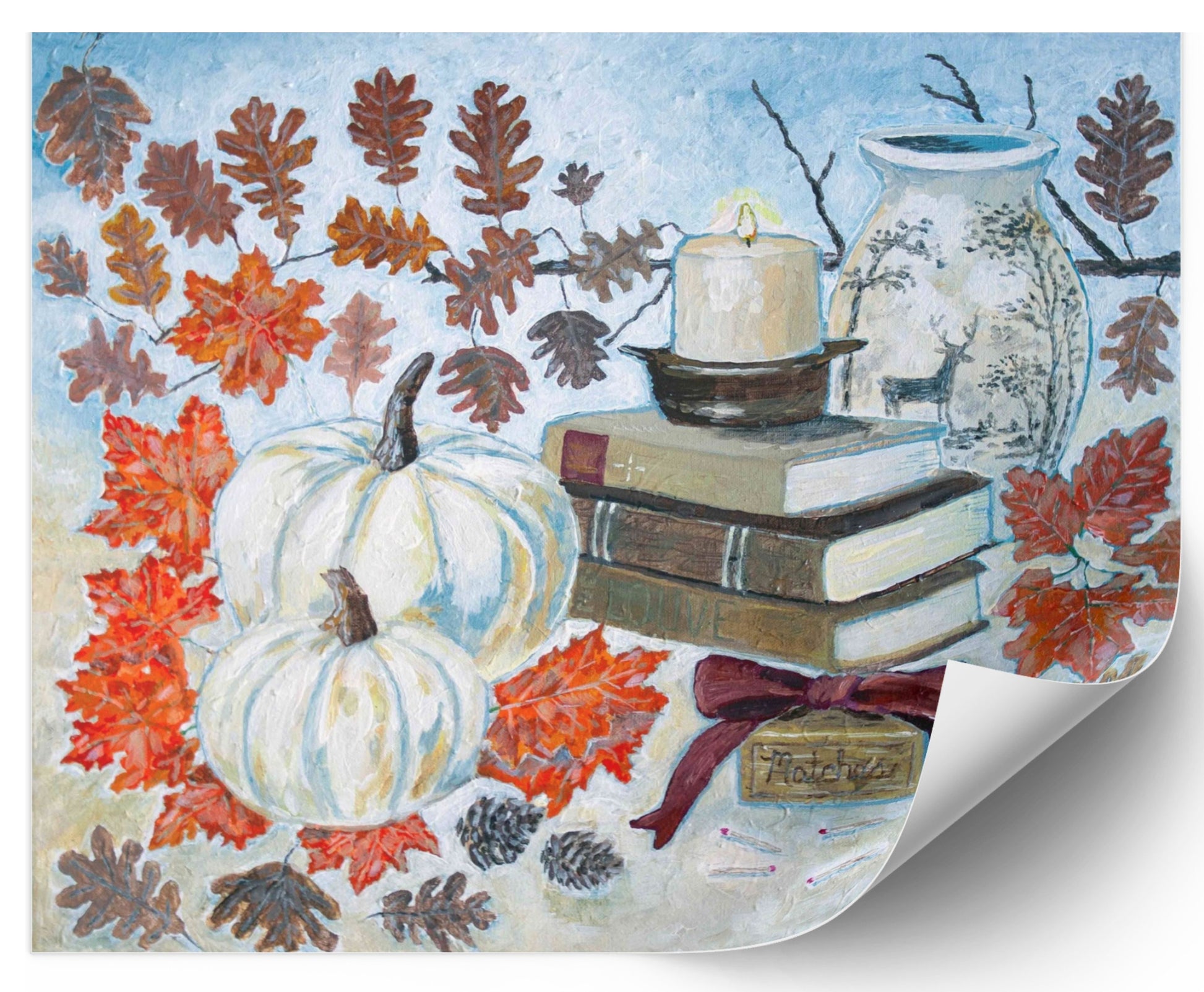 A painting of a cozy autumn still life featuring white pumpkins, vintage books, a red velvet bow and warm fall leaves. A perfect rustic accent for your home decor.