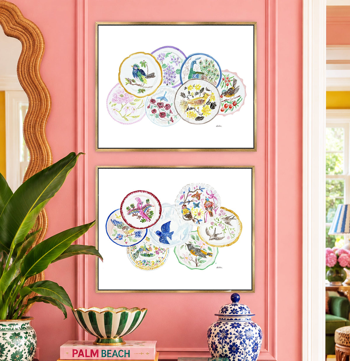 The Pretty Plate Series of paintings by Deb Baker at Trail  East Studio In Ada Michigan featuring antique bird plates with a bluebird, wren, blackbirds, and a hummingbird. The perfect art for a Mahjong Game  Room.