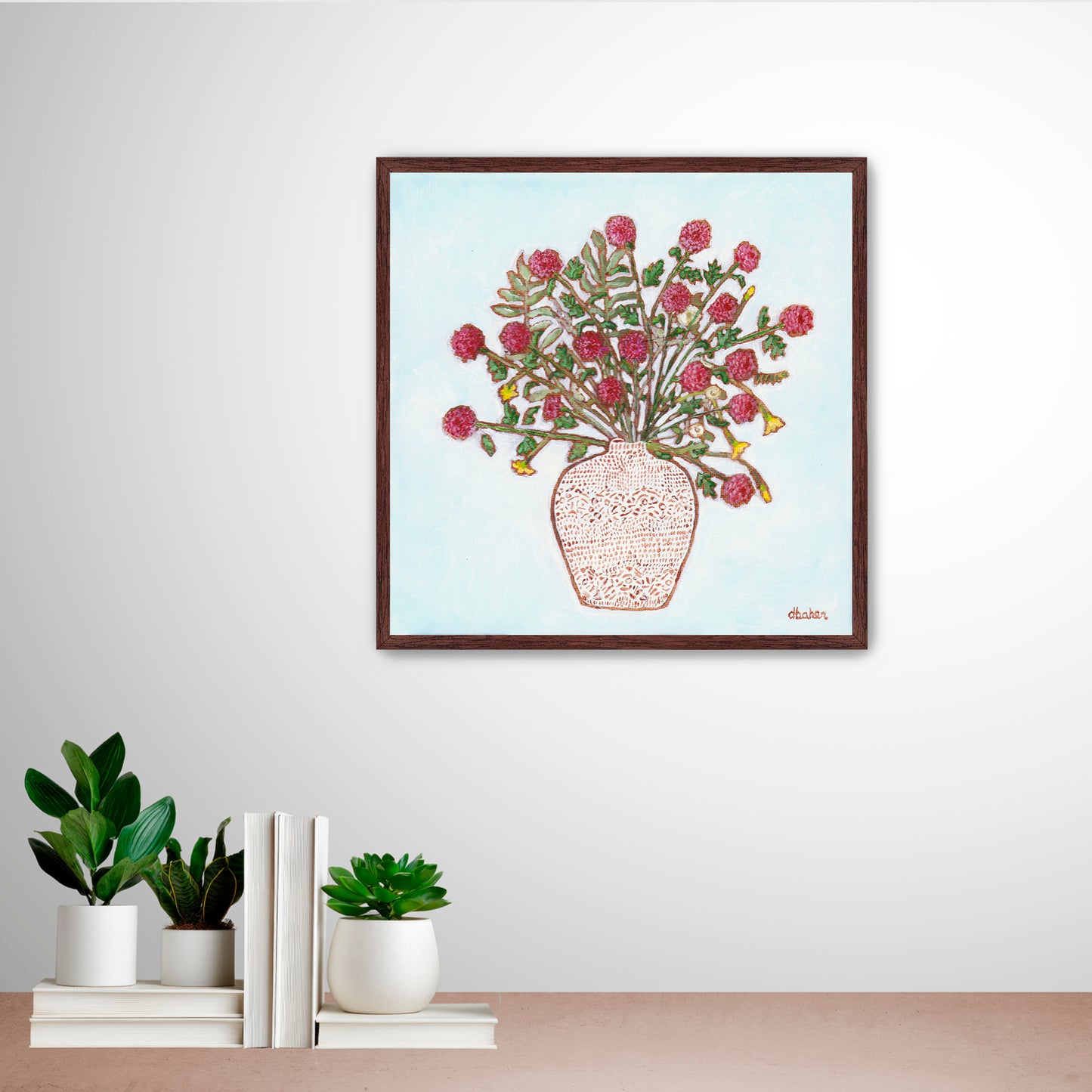 A painting of red dahlias in a textured white vase