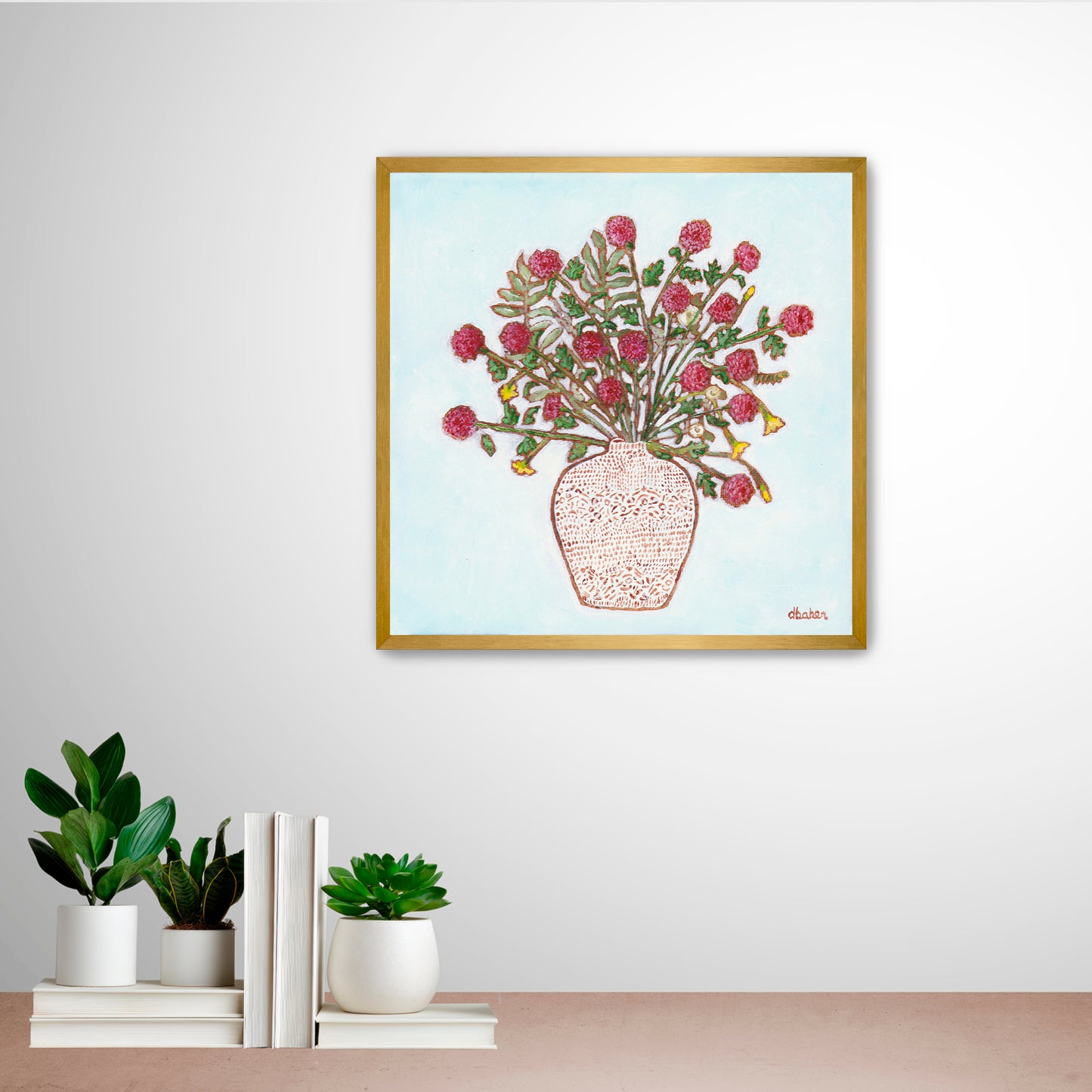 A painting of red dahlias in a textured white vase