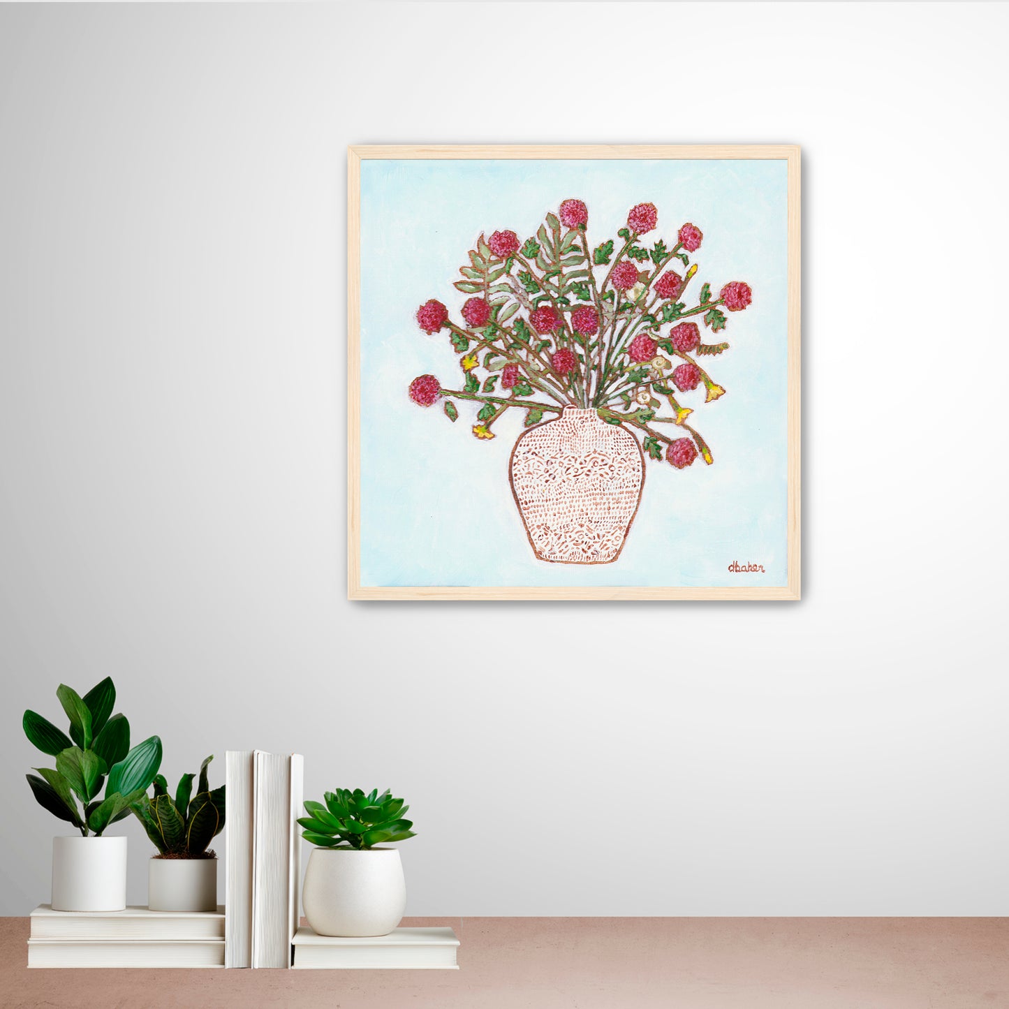 A painting of red dahlias in a textured white vase