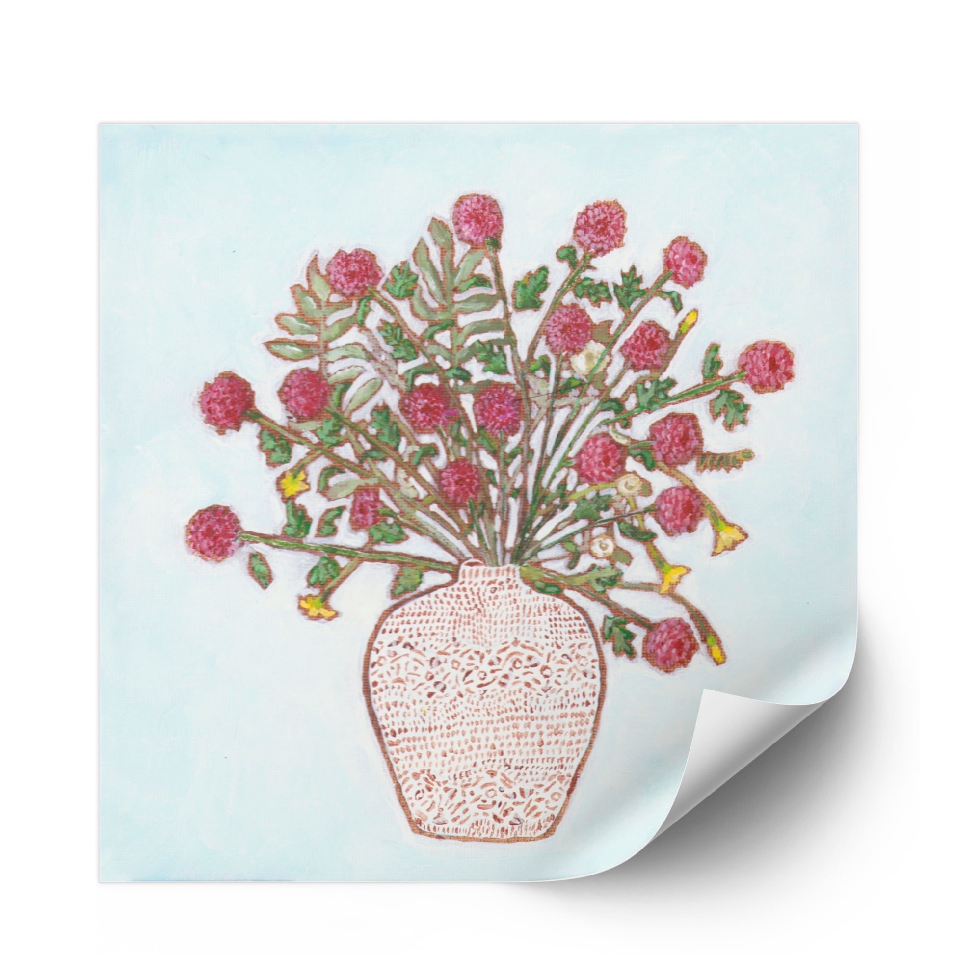 A painting of red dahlias in a textured white vase