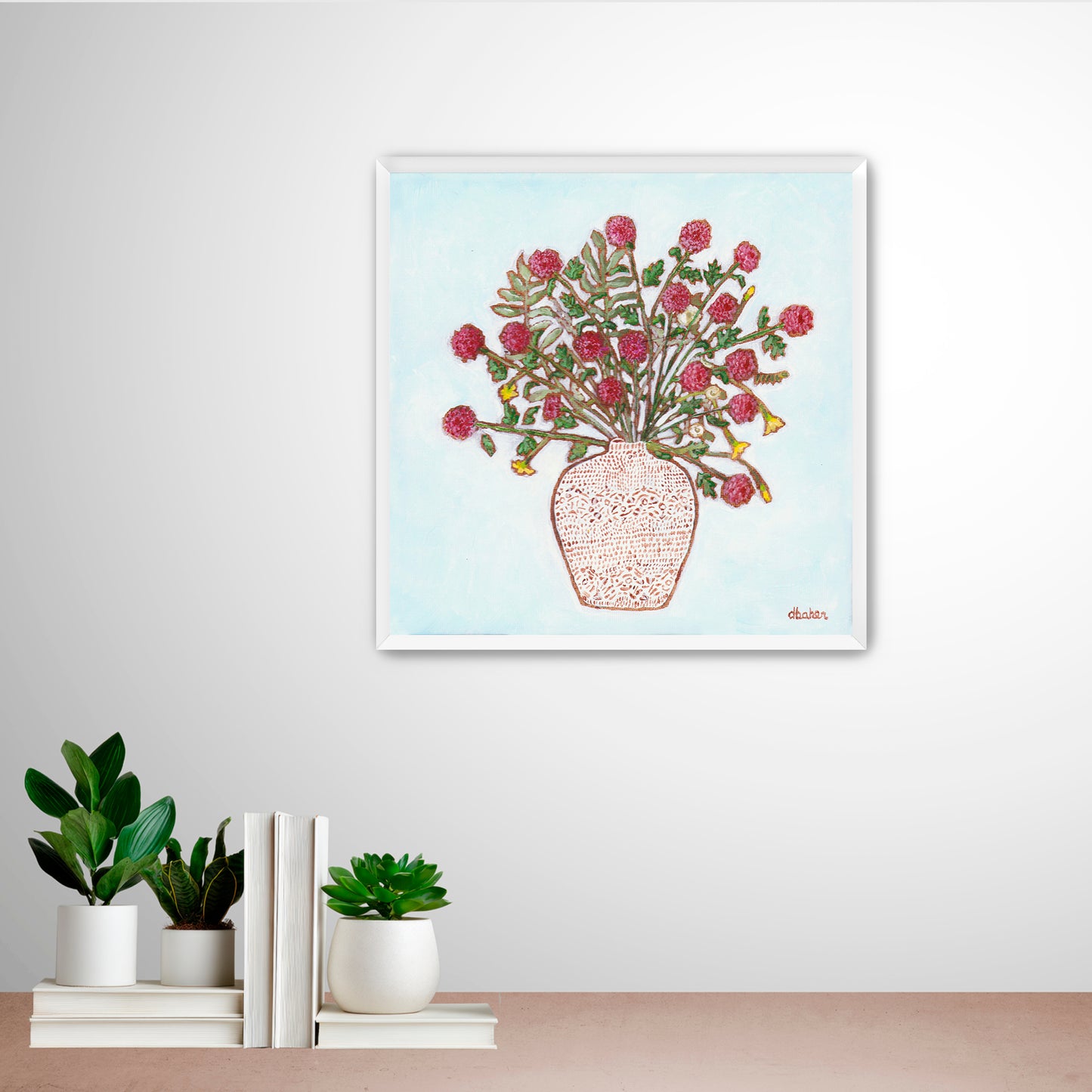 A painting of red dahlias in a textured white vase