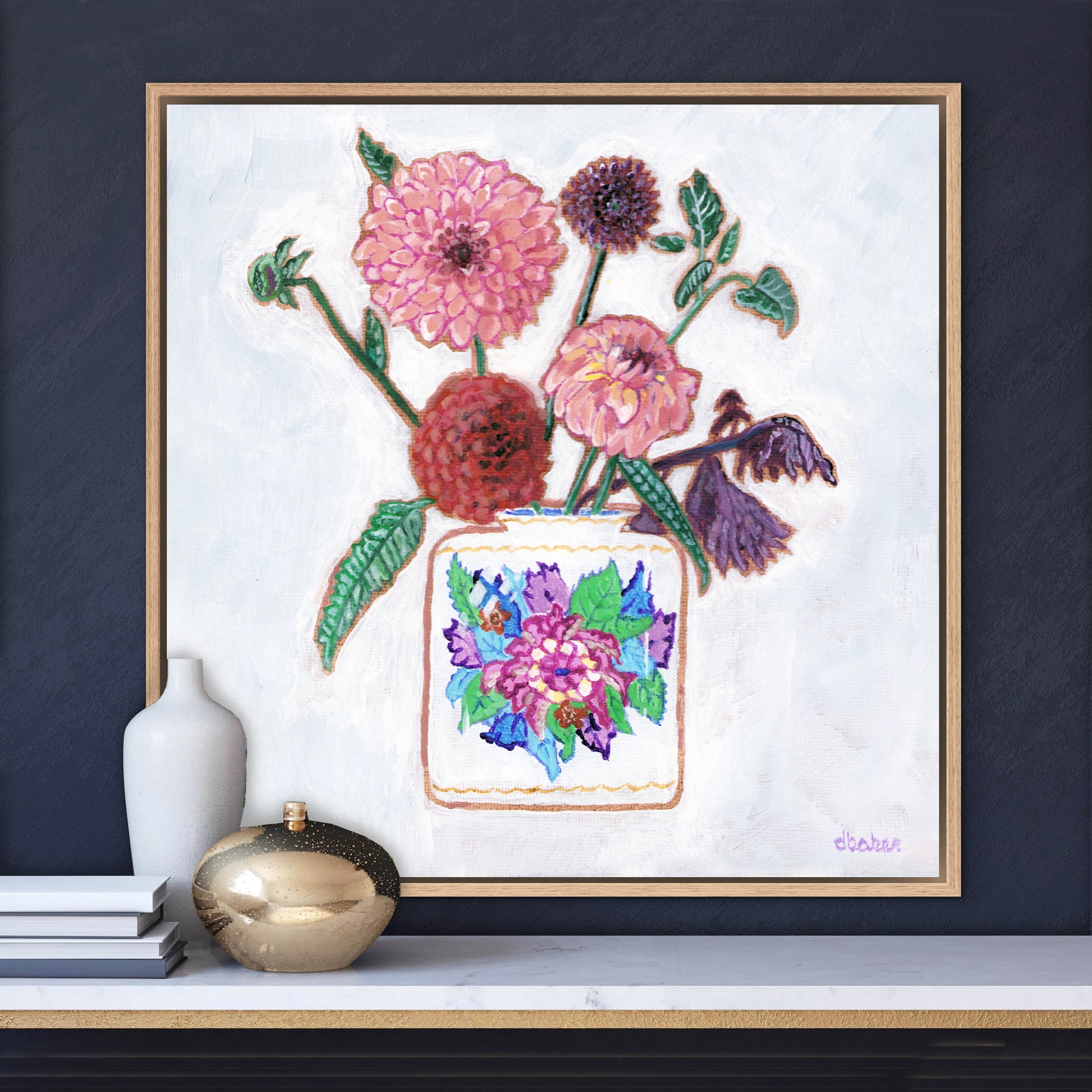 Vibrant dahlias bloom from a classic tobacco leaf vase, blending bold color, texture, and tradition in a modern still life.