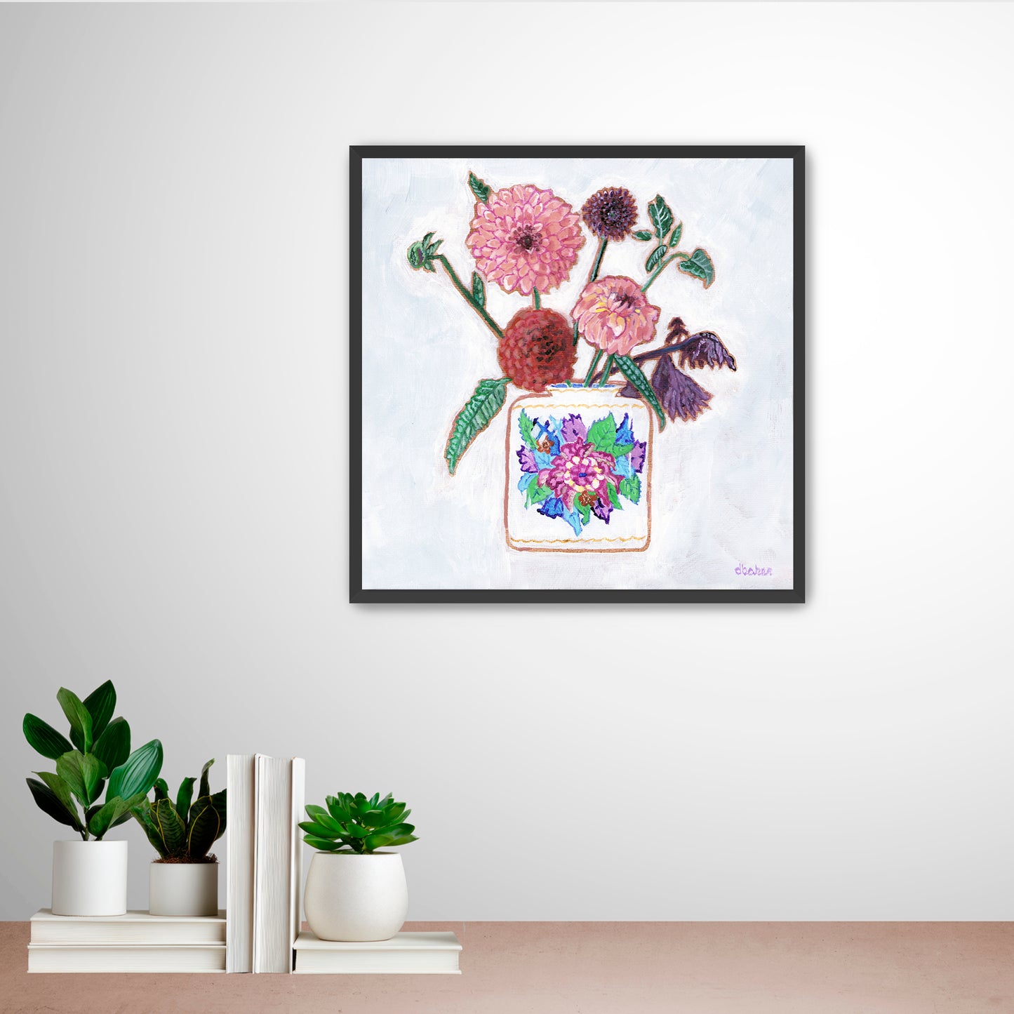Vibrant dahlias bloom from a classic tobacco leaf vase, blending bold color, texture, and tradition in a modern still life