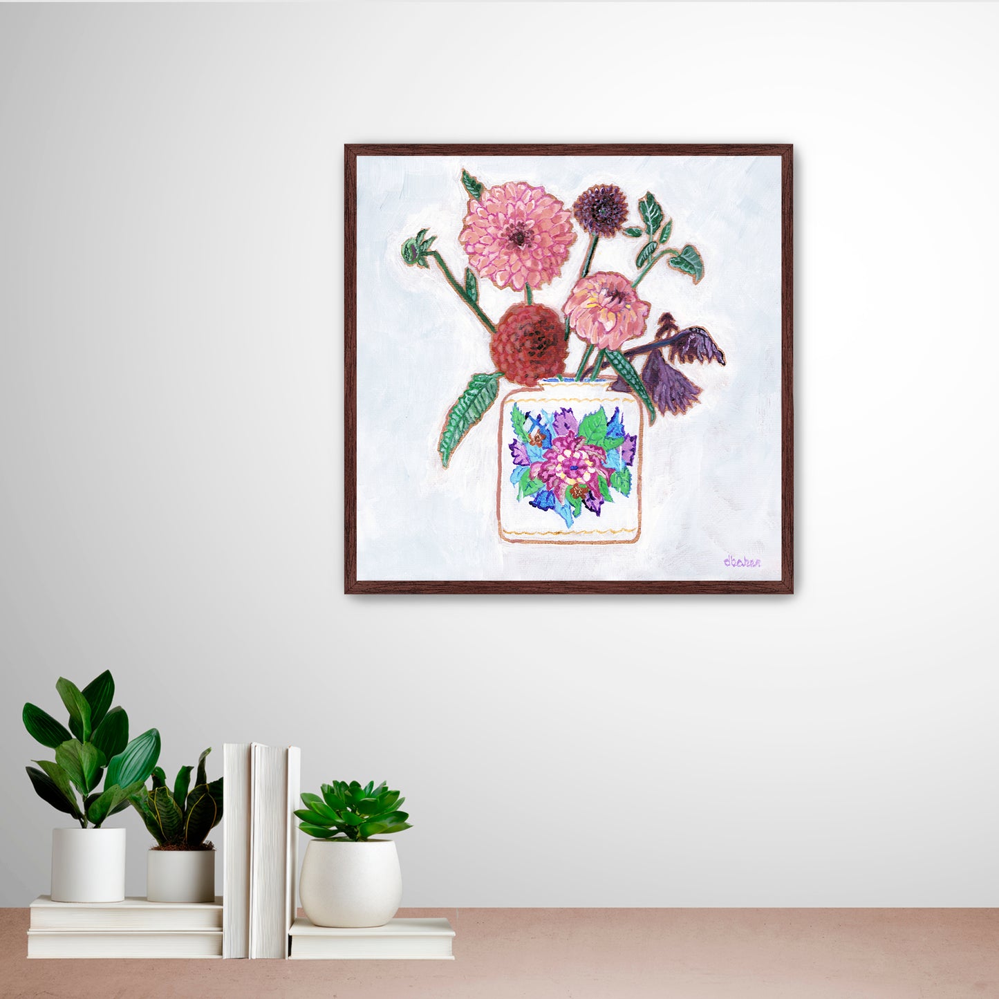 Vibrant dahlias bloom from a classic tobacco leaf vase, blending bold color, texture, and tradition in a modern still life