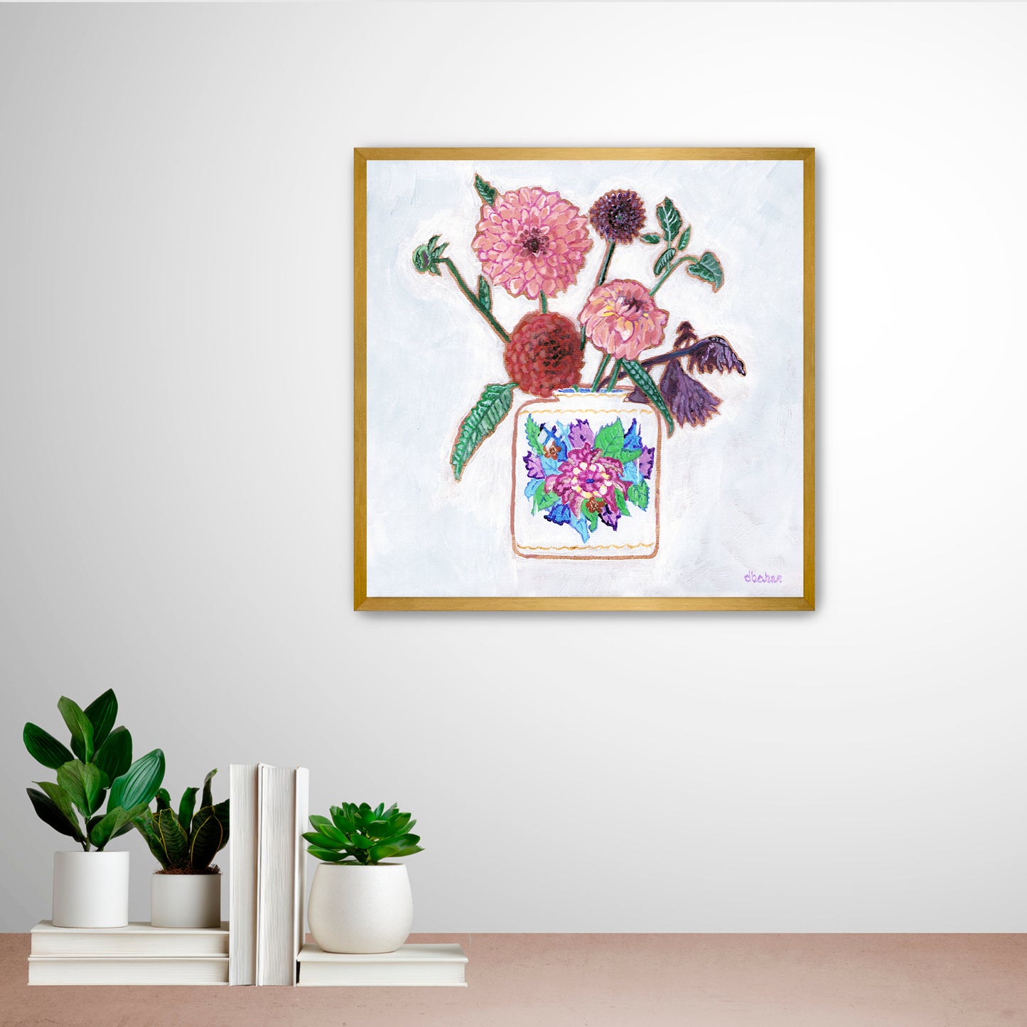 Vibrant dahlias bloom from a classic tobacco leaf vase, blending bold color, texture, and tradition in a modern still life