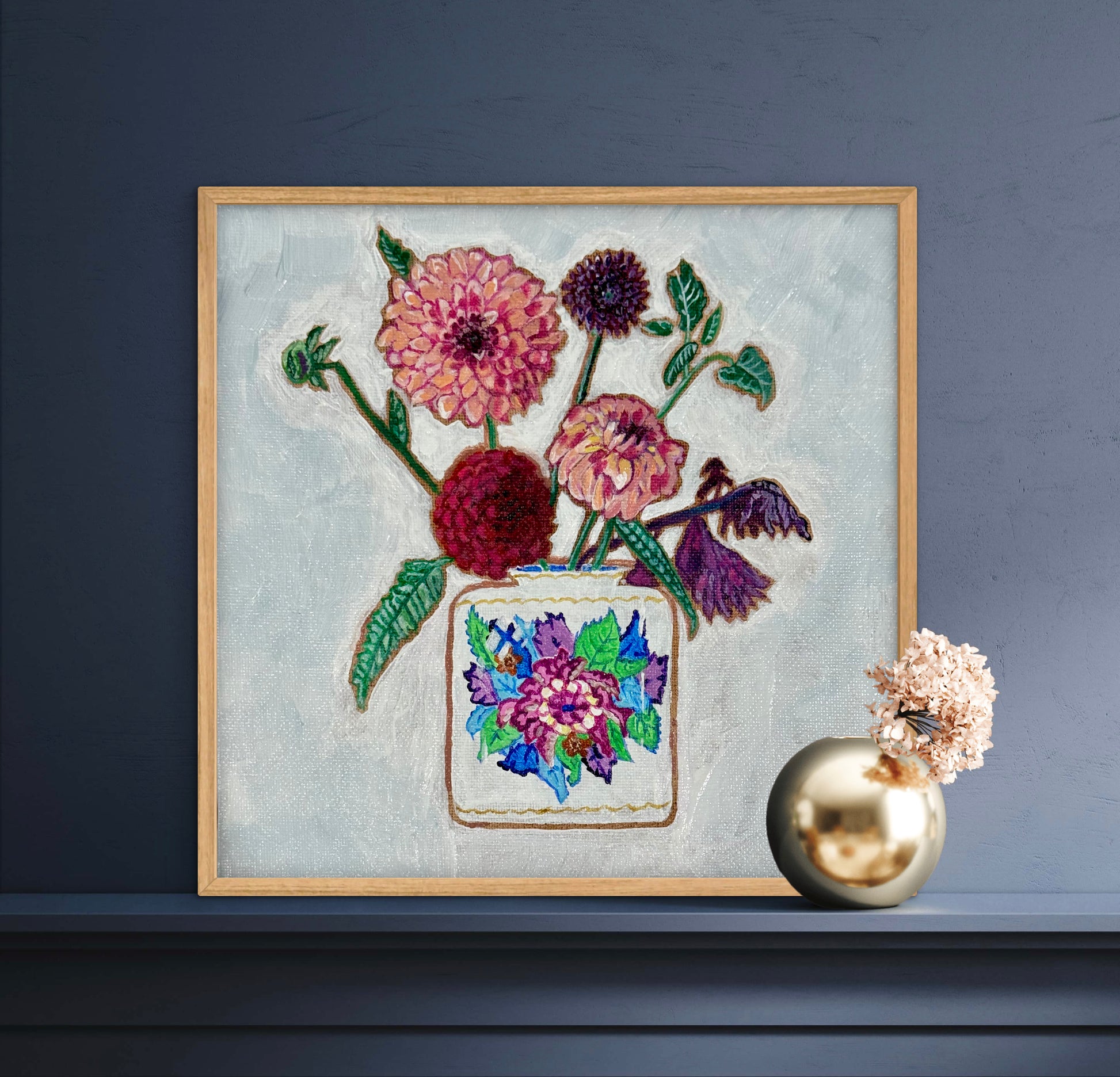 Vibrant dahlias bloom from a classic tobacco leaf vase, blending bold color, texture, and tradition in a modern still life