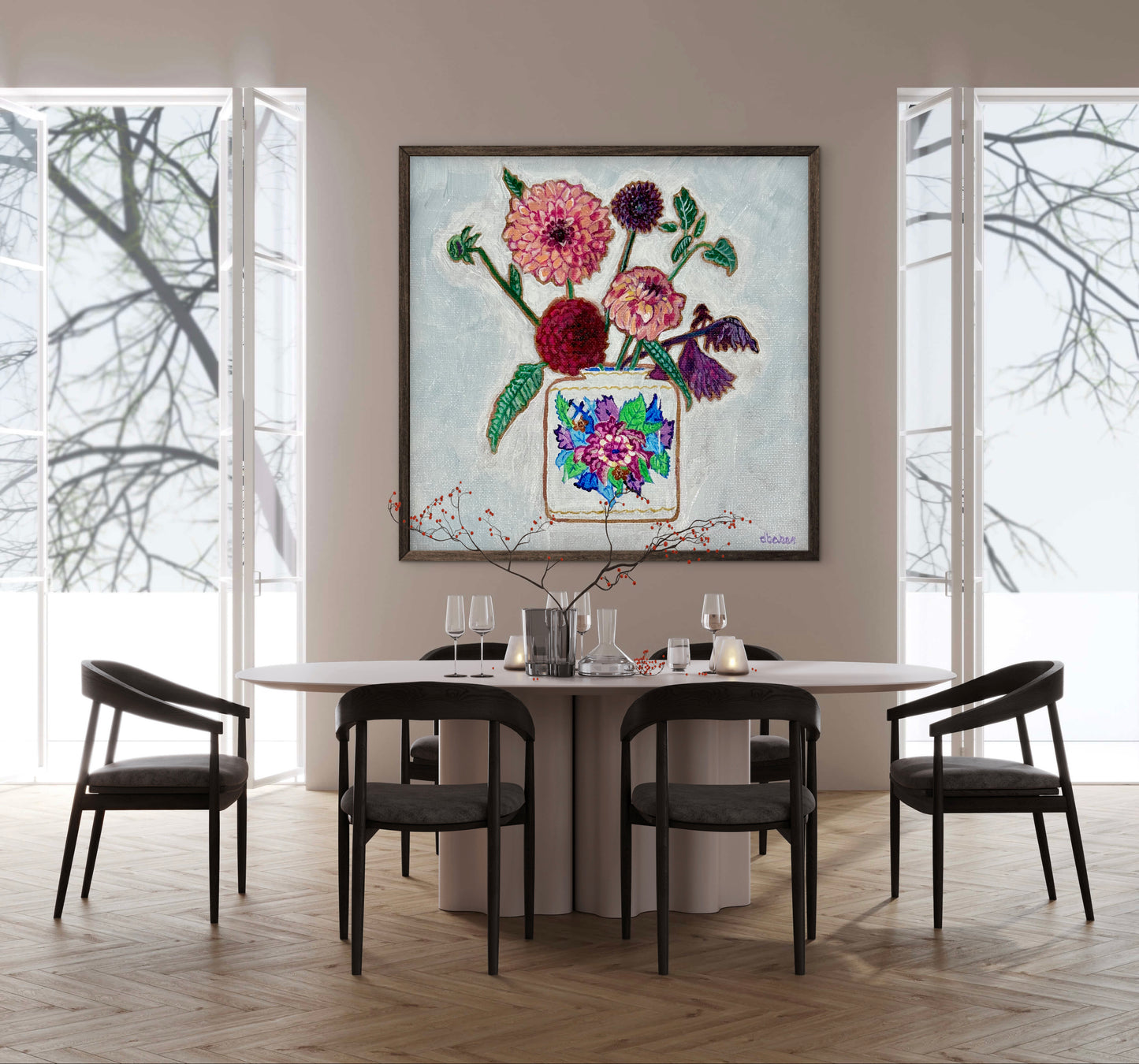 Vibrant dahlias bloom from a classic tobacco leaf vase, blending bold color, texture, and tradition in a modern still life