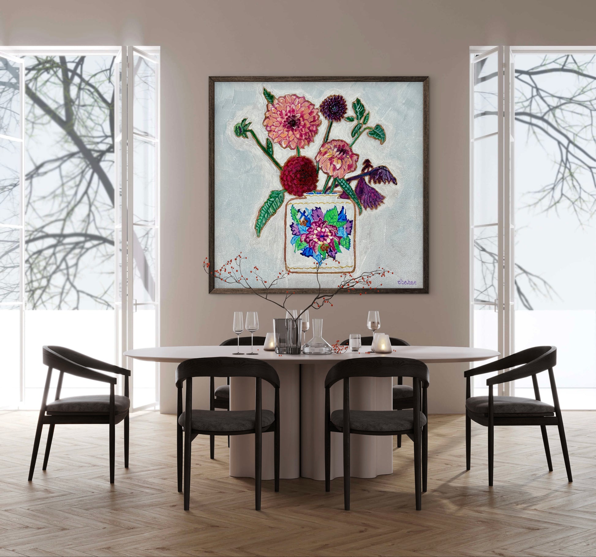 Vibrant dahlias bloom from a classic tobacco leaf vase, blending bold color, texture, and tradition in a modern still life