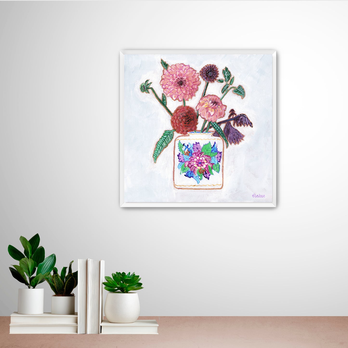Vibrant dahlias bloom from a classic tobacco leaf vase, blending bold color, texture, and tradition in a modern still life
