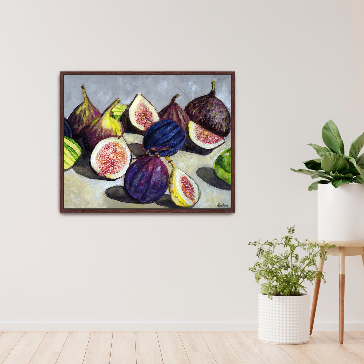 A still life painting of figs with rich fall hues such as plums, greens, and bright pinks.