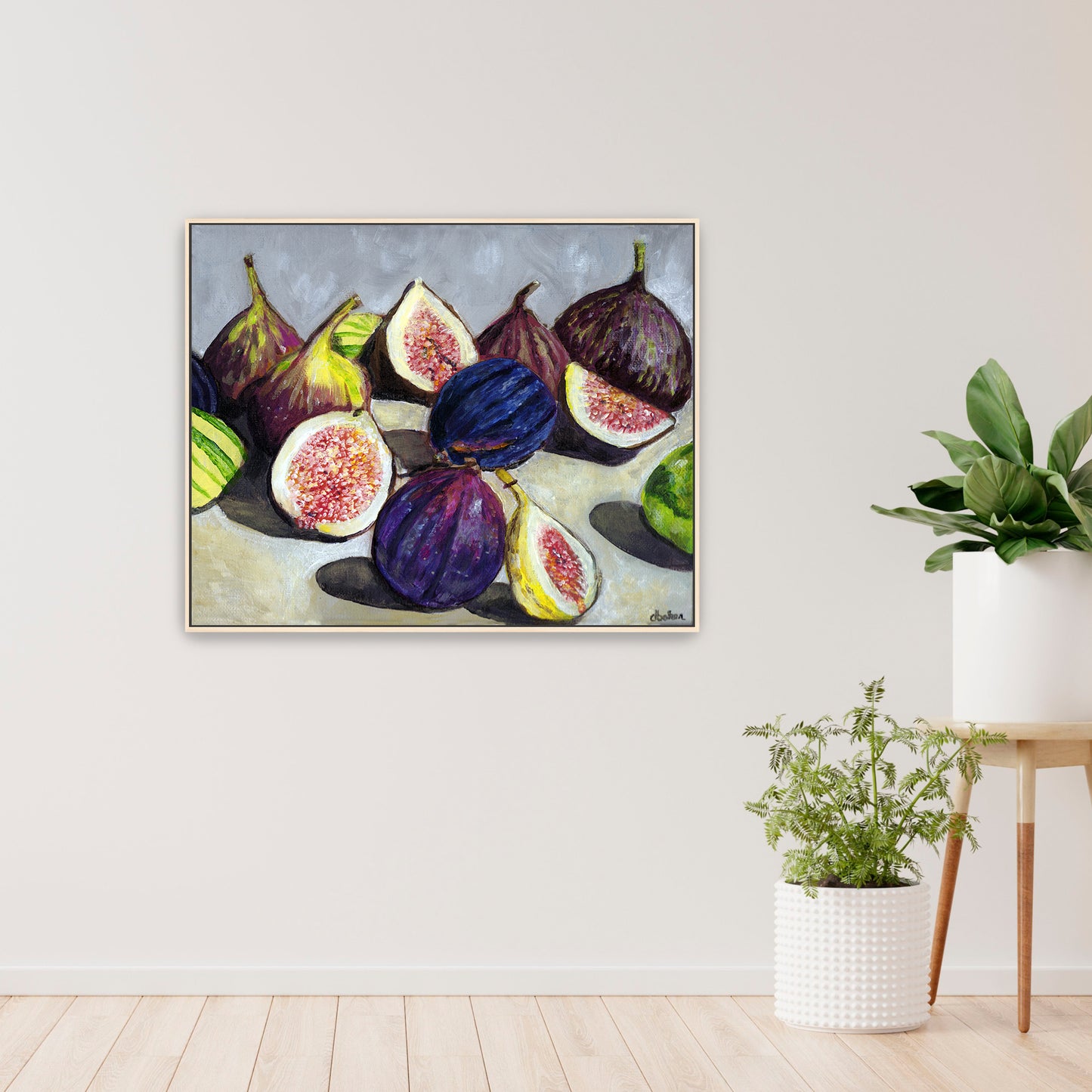 A still life painting of figs with rich fall hues such as plums, greens, and bright pinks.