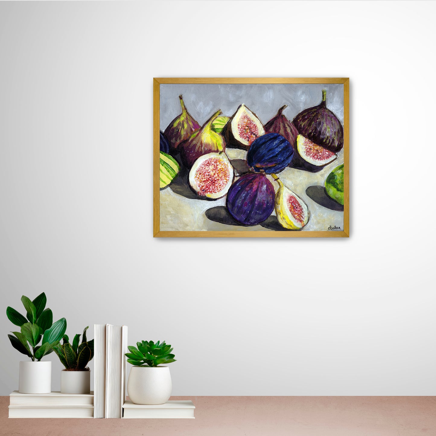A still life painting of figs with rich fall hues such as plums, greens, and bright pinks.