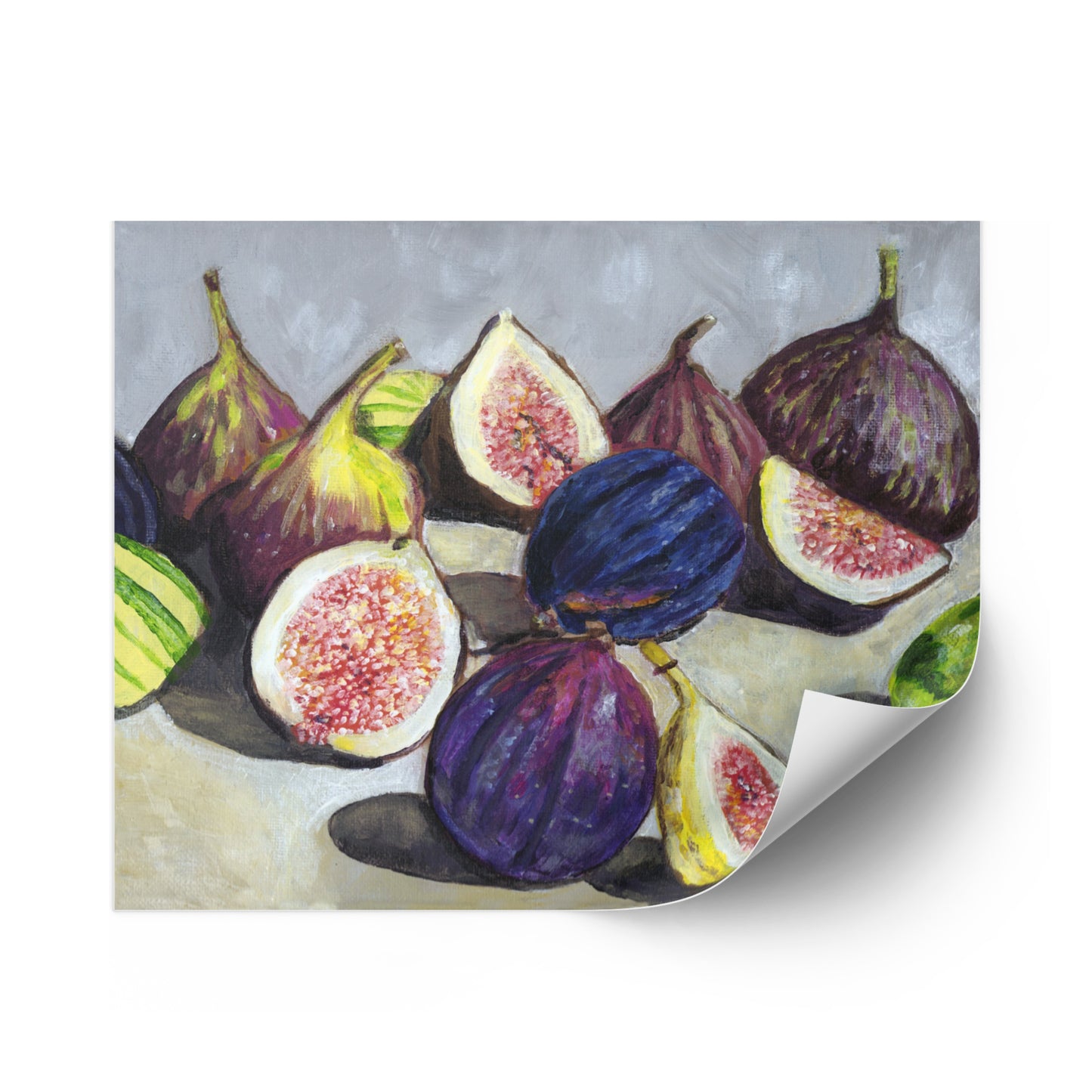 A still life painting of figs with rich fall hues such as plums, greens, and bright pinks.
