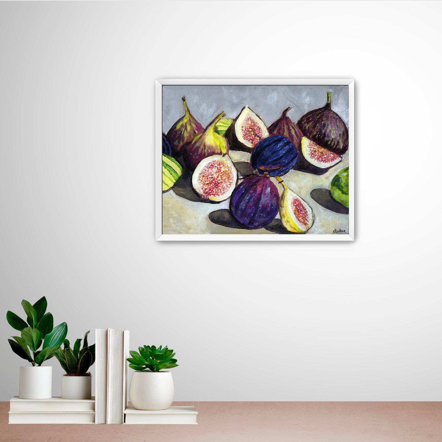 A still life painting of figs with rich fall hues such as plums, greens, and bright pinks.