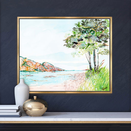 A painting that shows a stretch of beach on Lake Superior along the Porcupine Mountains in Michigan’s Upper Peninsula.