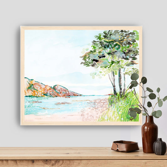 A painting that shows a stretch of beach on Lake Superior along the Porcupine Mountains in Michigan’s Upper Peninsula.