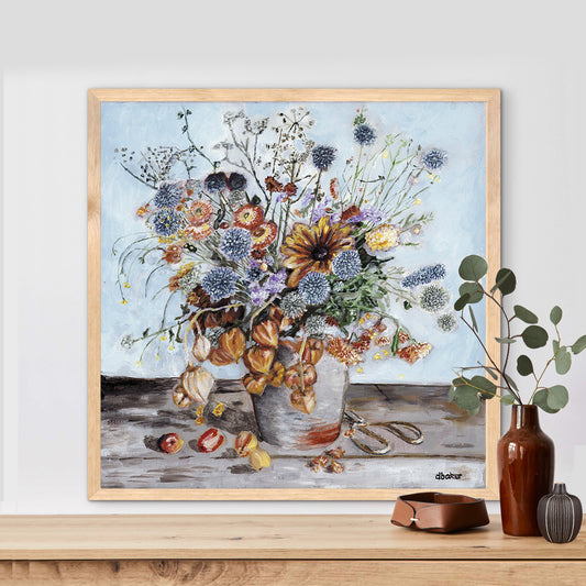 A warm and textured still life painting of autumn blooms and lantern flowers.