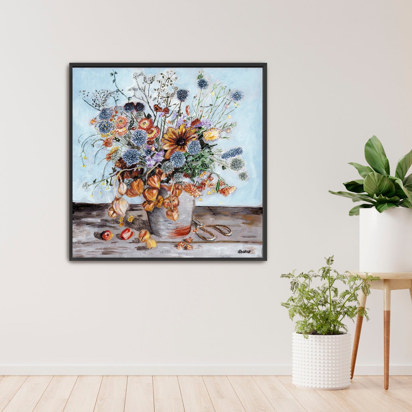 A warm and textured still life painting of autumn blooms and lantern flowers.