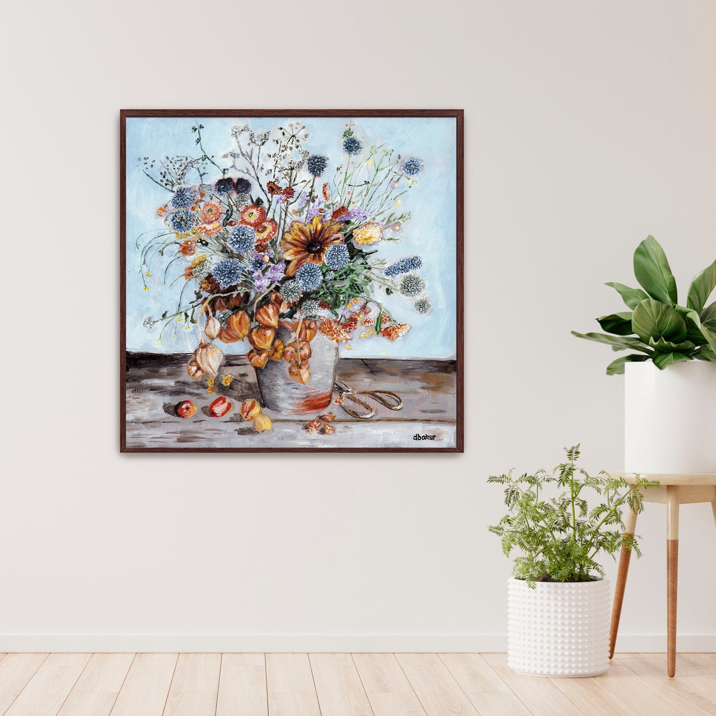 A warm and textured still life painting of autumn blooms and lantern flowers.