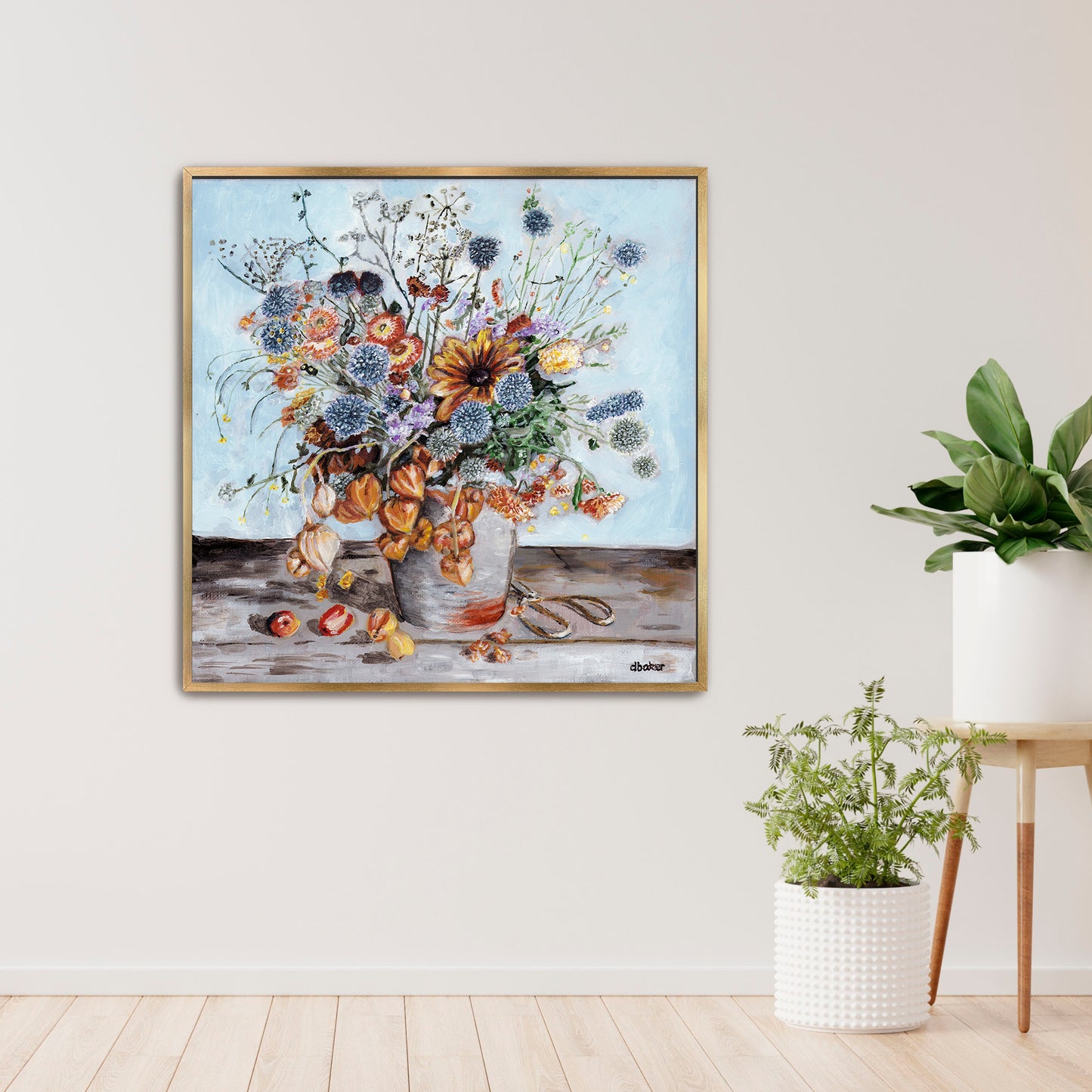 A warm and textured still life painting of autumn blooms and lantern flowers.