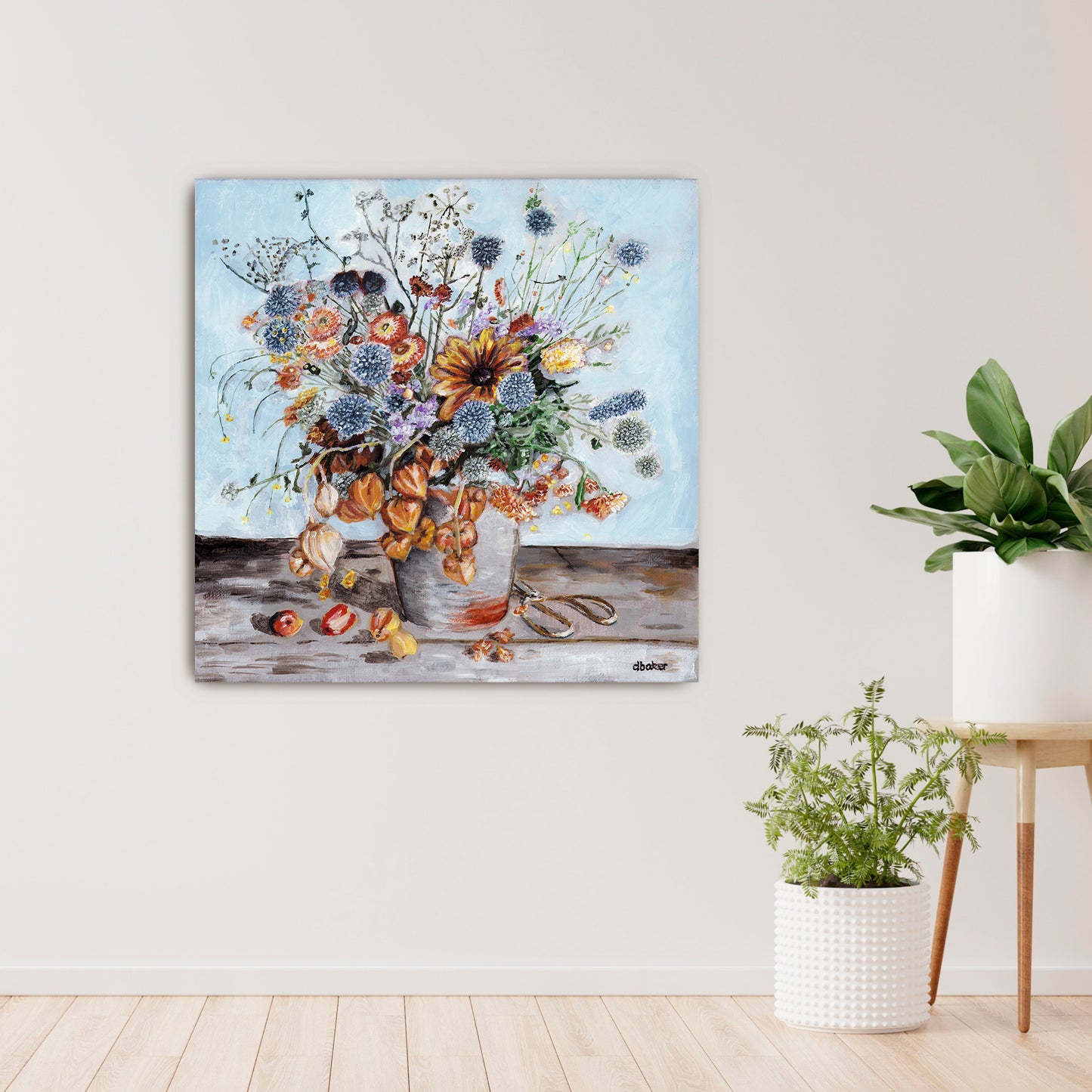 A warm and textured still life painting of autumn blooms and lantern flowers.