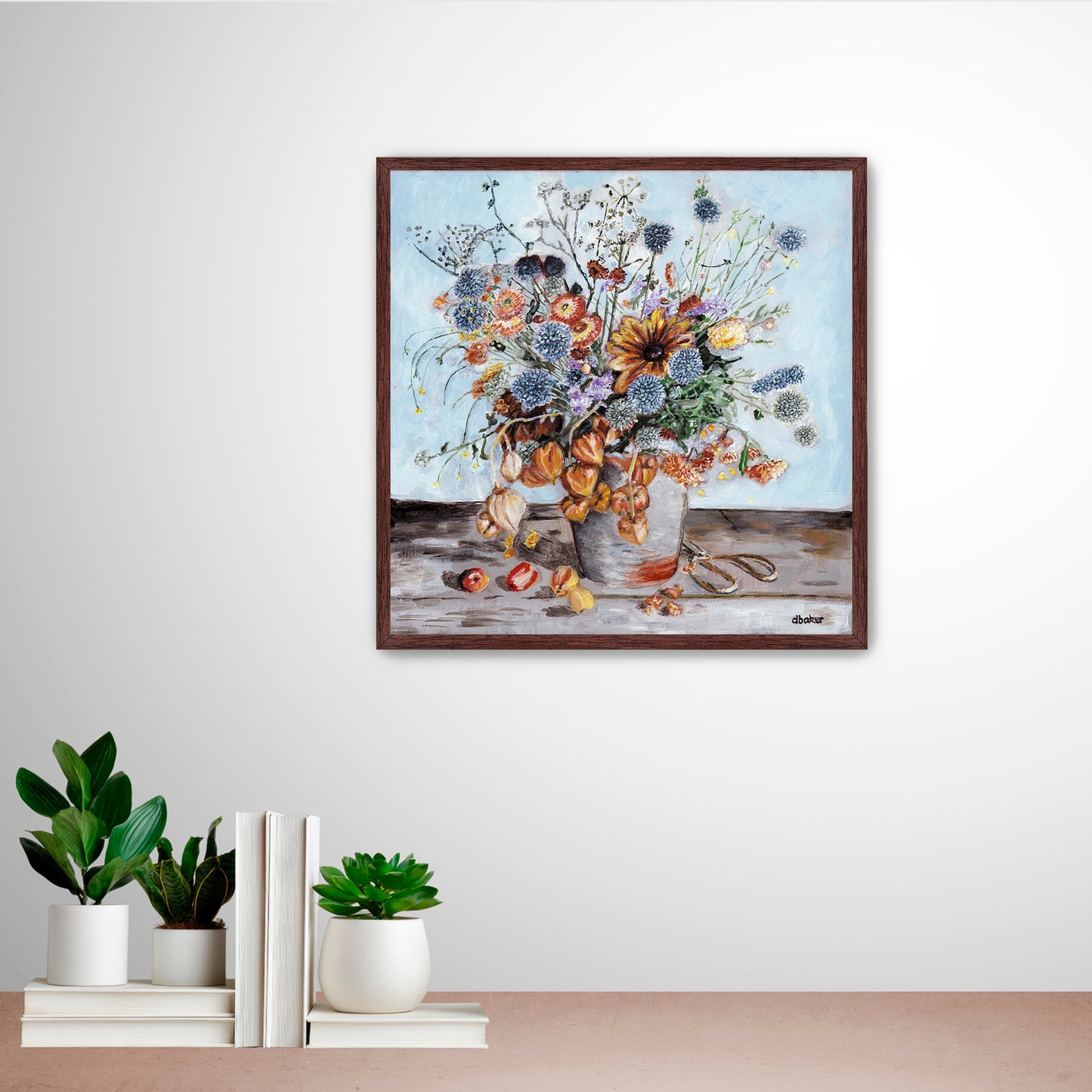 A warm and textured still life painting of autumn blooms and lantern flowers.