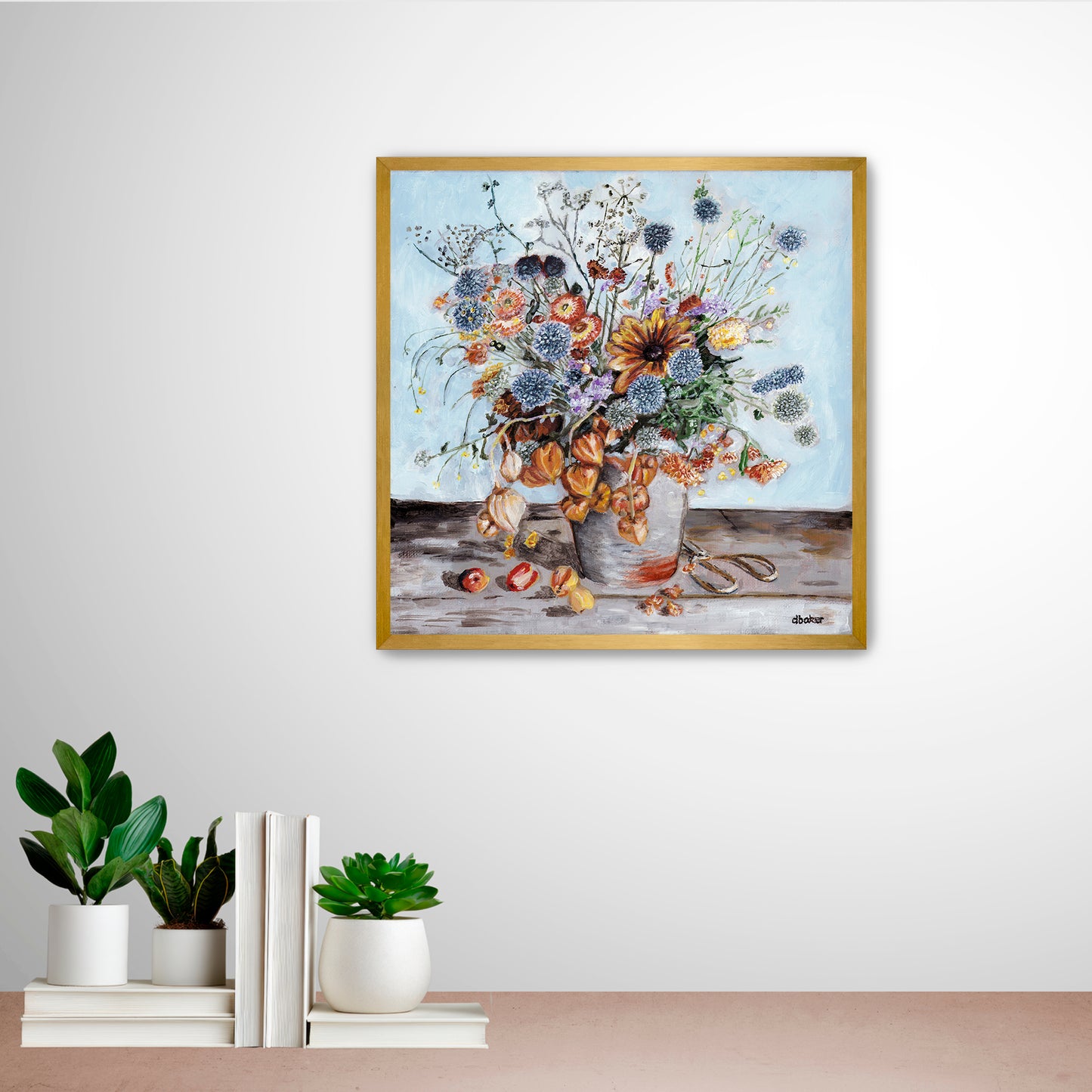 A warm and textured still life painting of autumn blooms and lantern flowers.