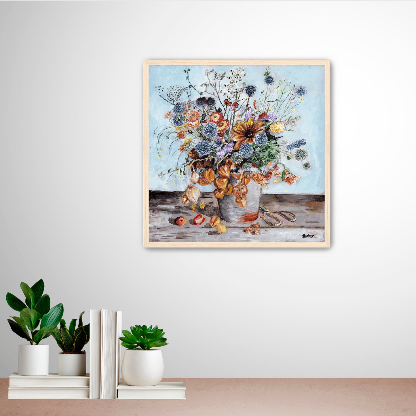 A warm and textured still life painting of autumn blooms and lantern flowers.
