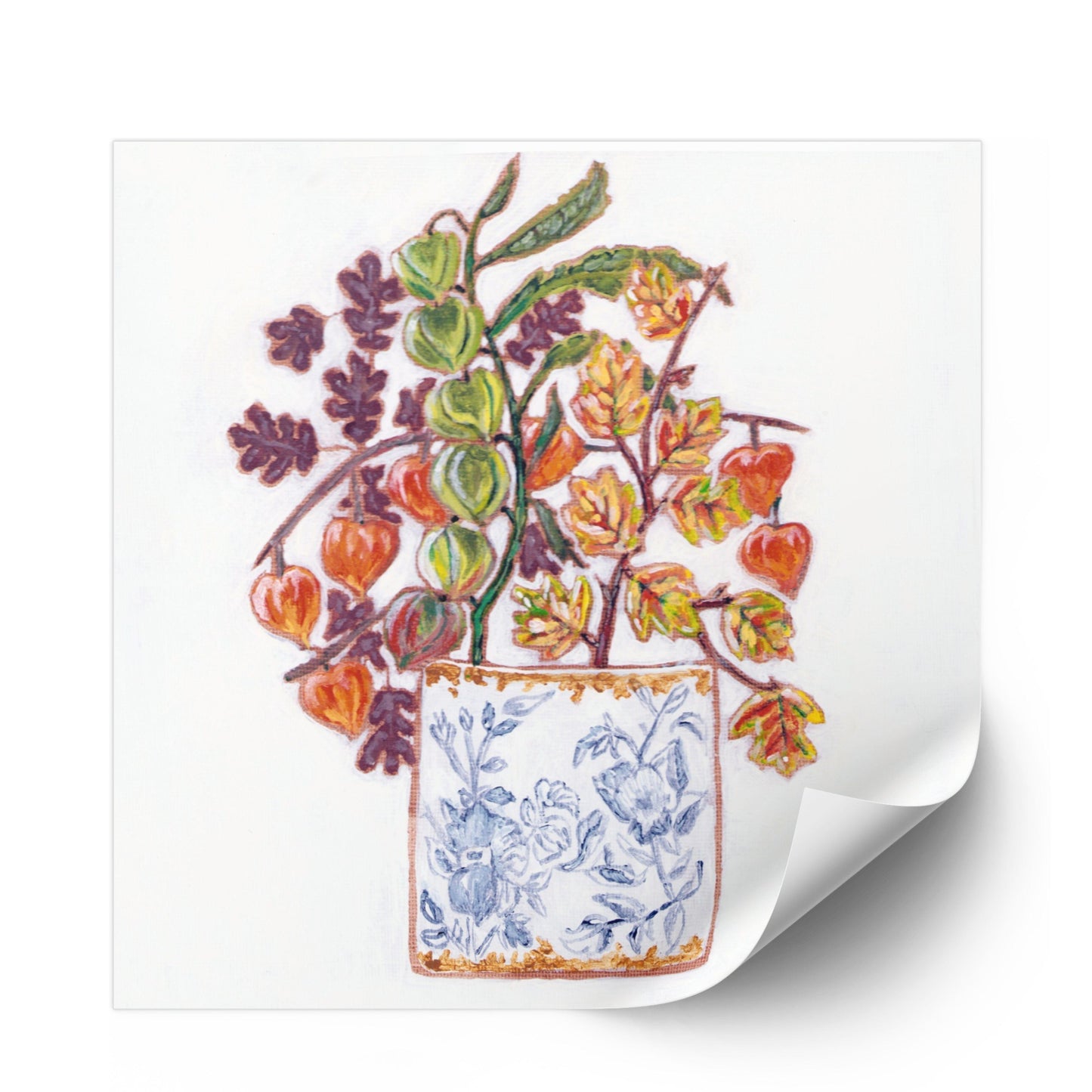 A delicate still life featuring vibrant orange and green lantern flowers arranged in a blue-and-white porcelain vase.
