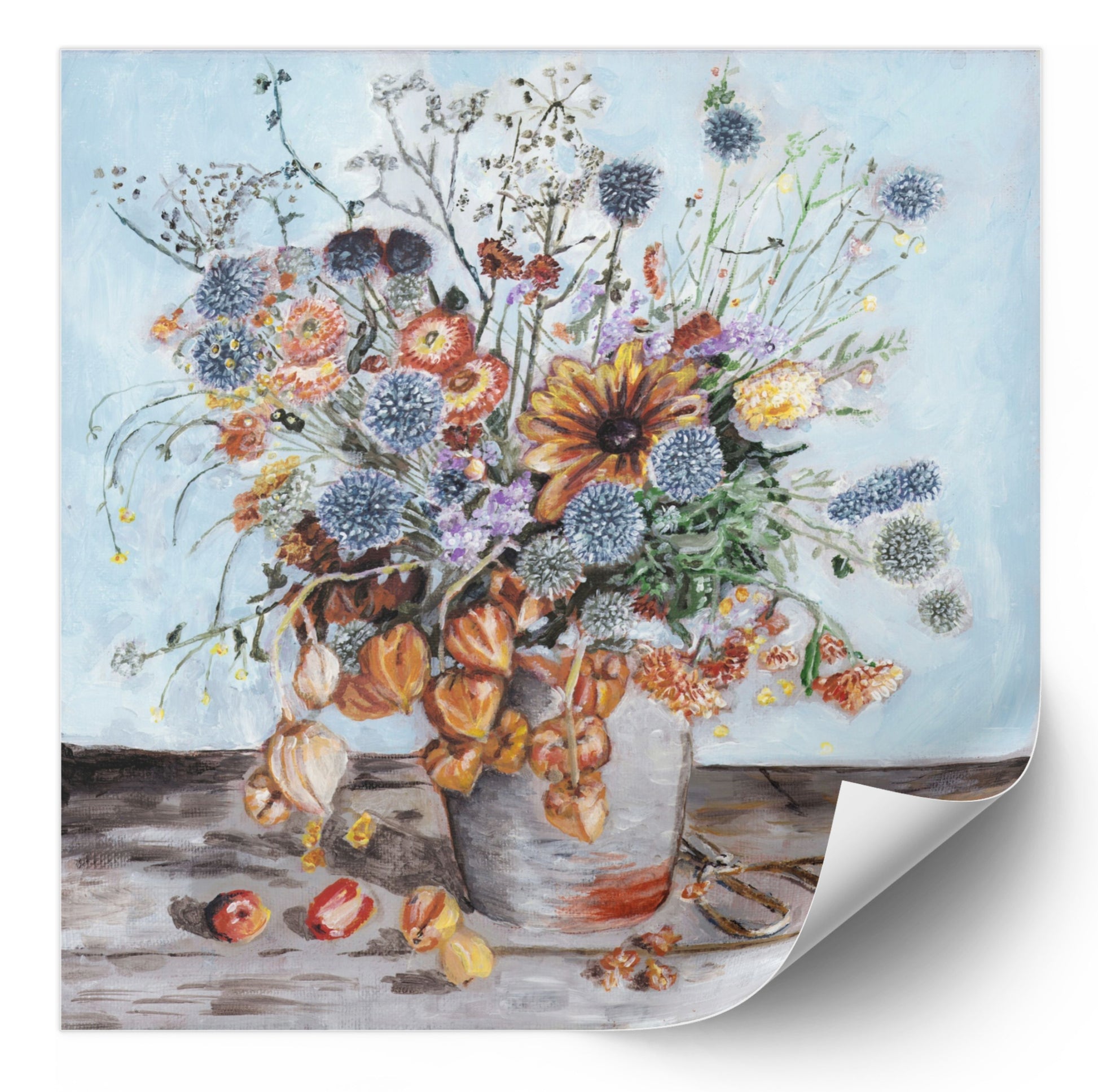 A warm and textured still life painting of autumn blooms and lantern flowers.