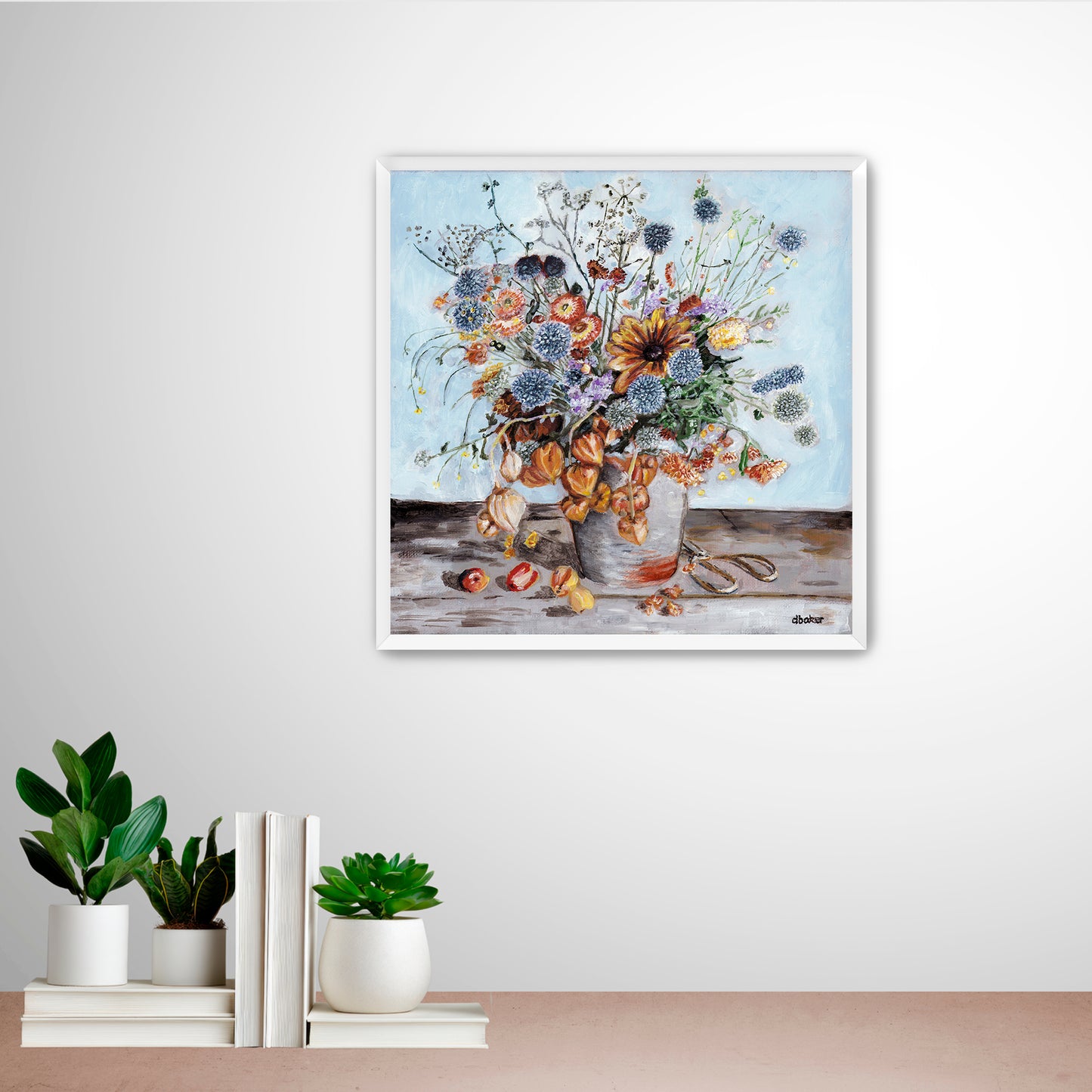 A warm and textured still life painting of autumn blooms and lantern flowers.