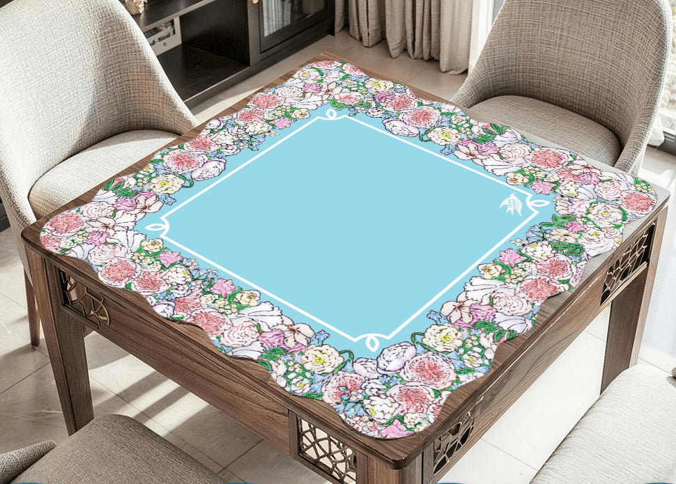 A beautiful mahjong mat featuring an original painting of Juliet roses and peonies.