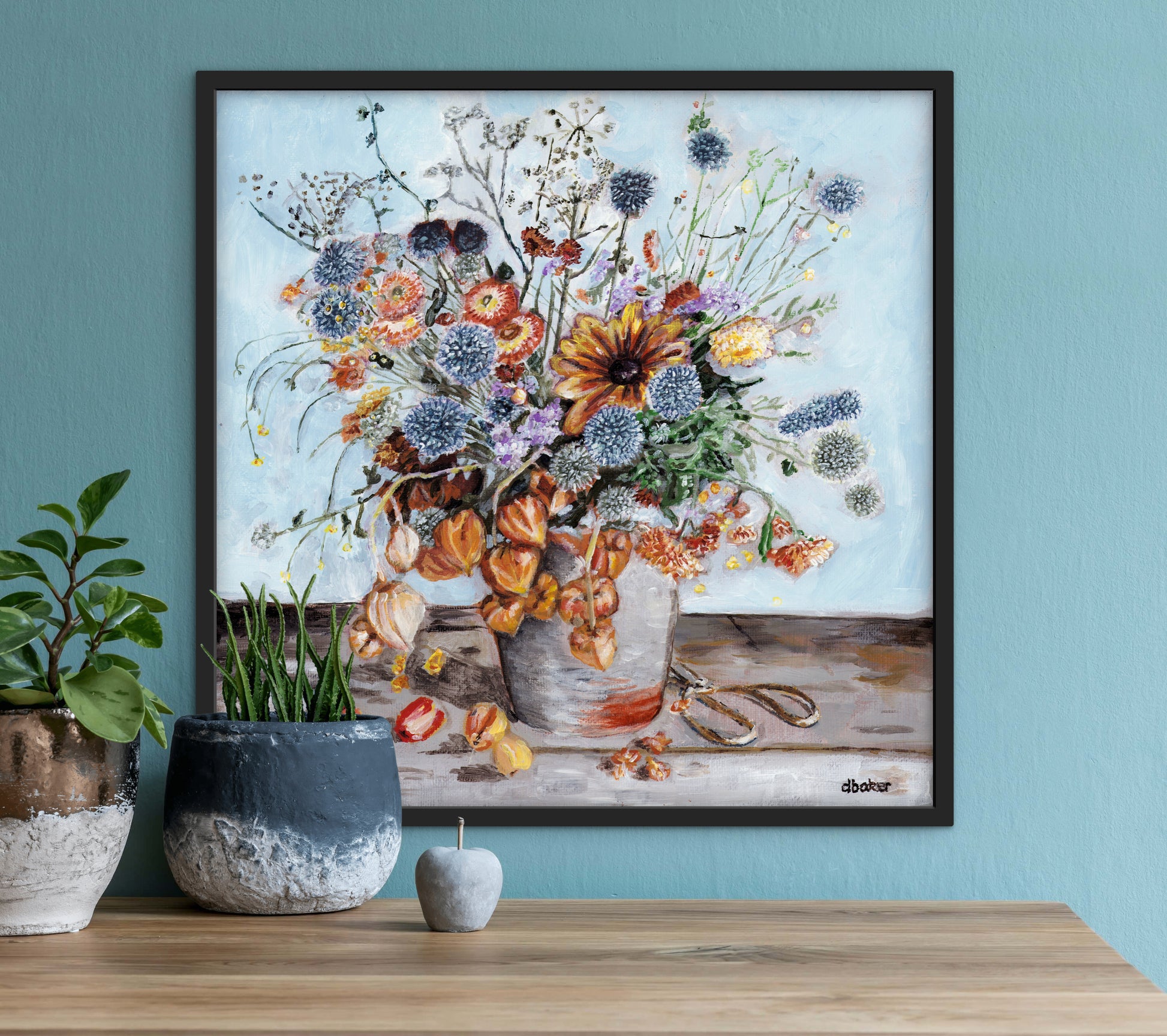 A warm and textured still life painting of autumn blooms and lantern flowers.