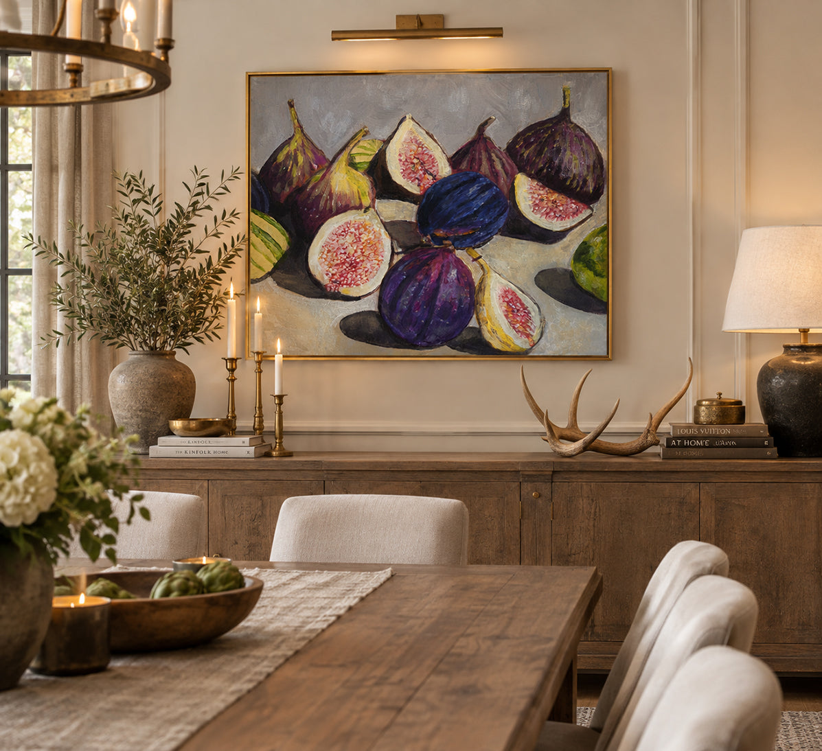 An original painting Figs for Fall by Deb Baker of Trail  East Studio in Ada Michigan of colorful figs perfect for any dining space.